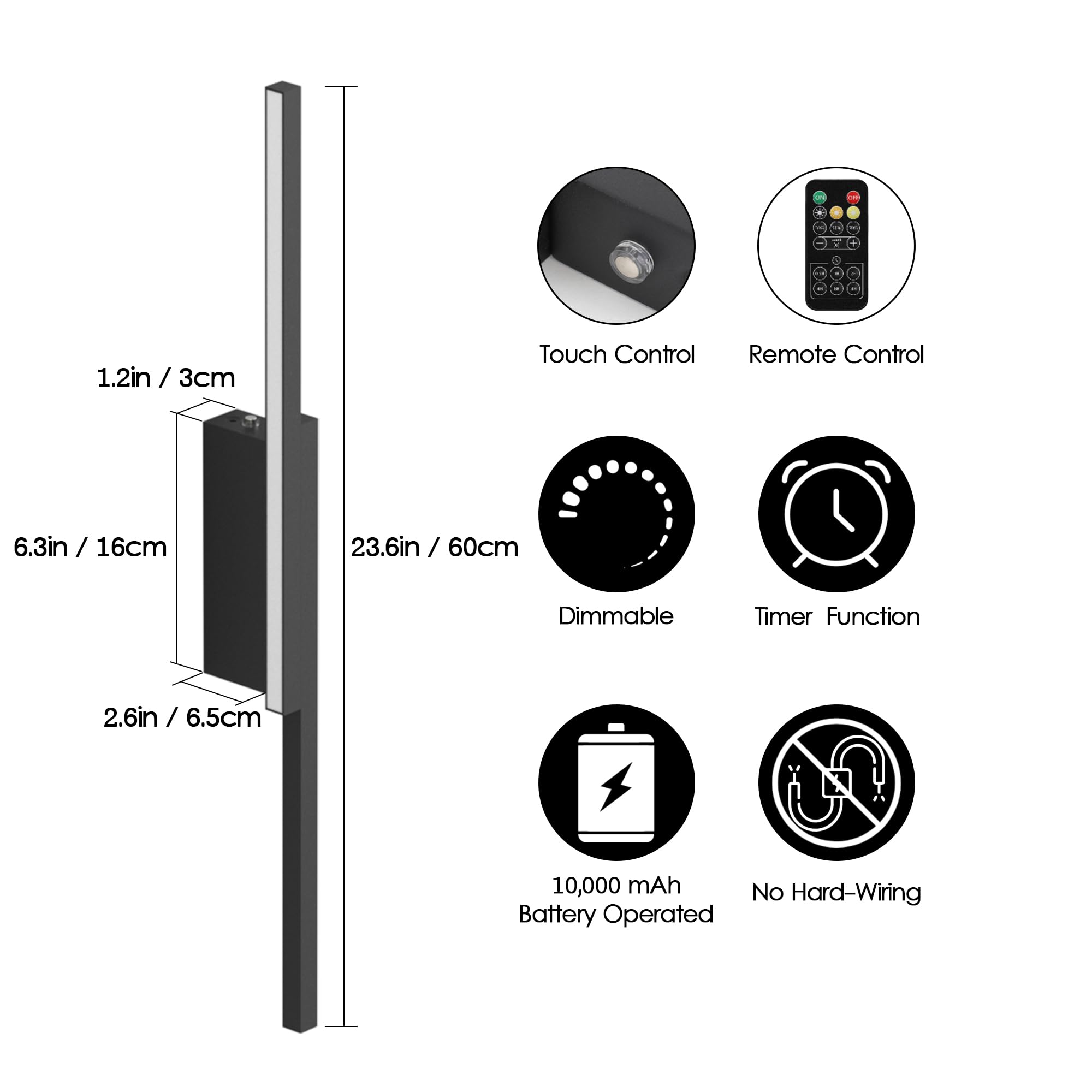 Aipsun 23.6" Black Battery Operated Wall Sconce Set of 2, Dimmable Wireless Lighting for Living Room & Bedroom, Model 8009