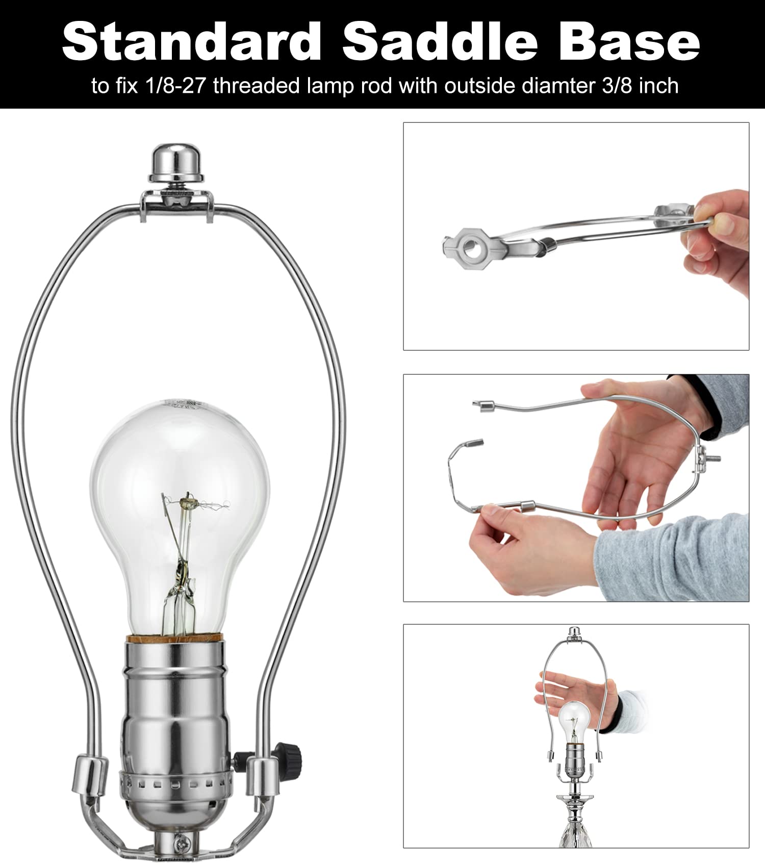 Qc 9 Inch Lampshade Harp Kit with Solid Lamp Finial Caps, Heavy Duty Metal Holder, Nickel Finish