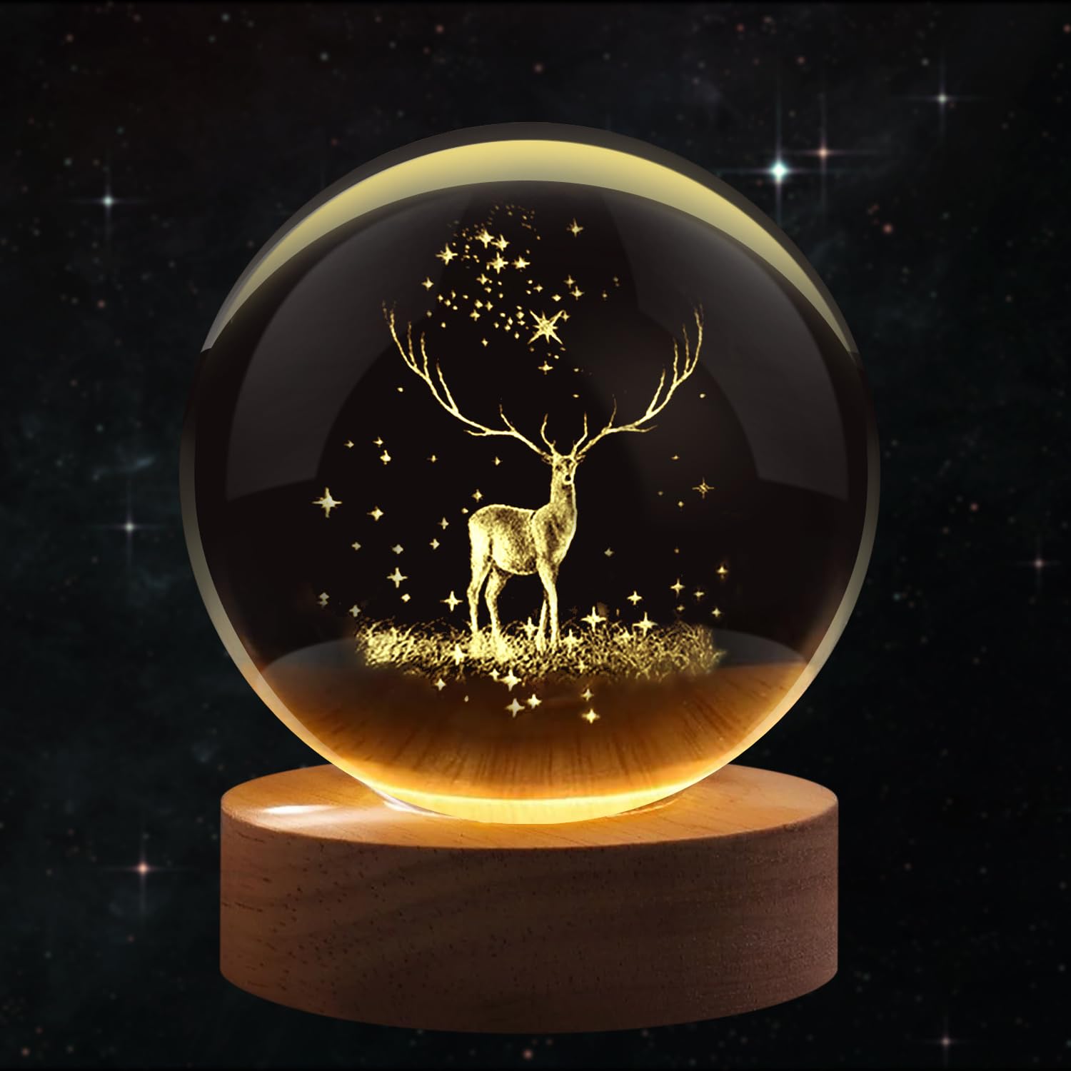 Flexzion 3D Elk Crystal Ball Night Light - LED Light Hologram Glass Lamp with Solid Wood Base, USB Powered Crystal Ball Lamp wit