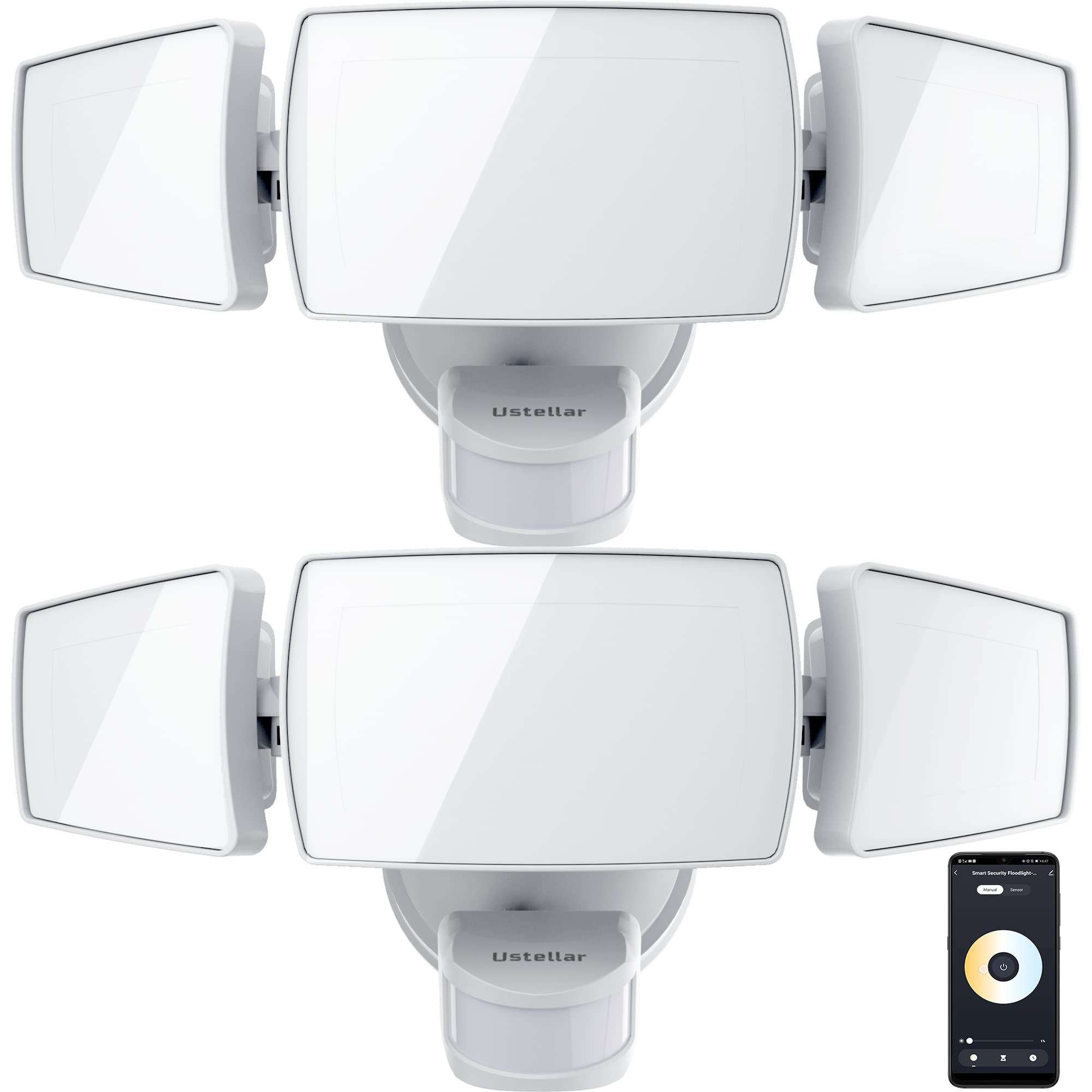 USTELLAR 50W Smart Outdoor LED Security Light, Tunable White 2700K-6500K, 2 Pack, Motion Sensor, White, Model UT88105W-CW-US
