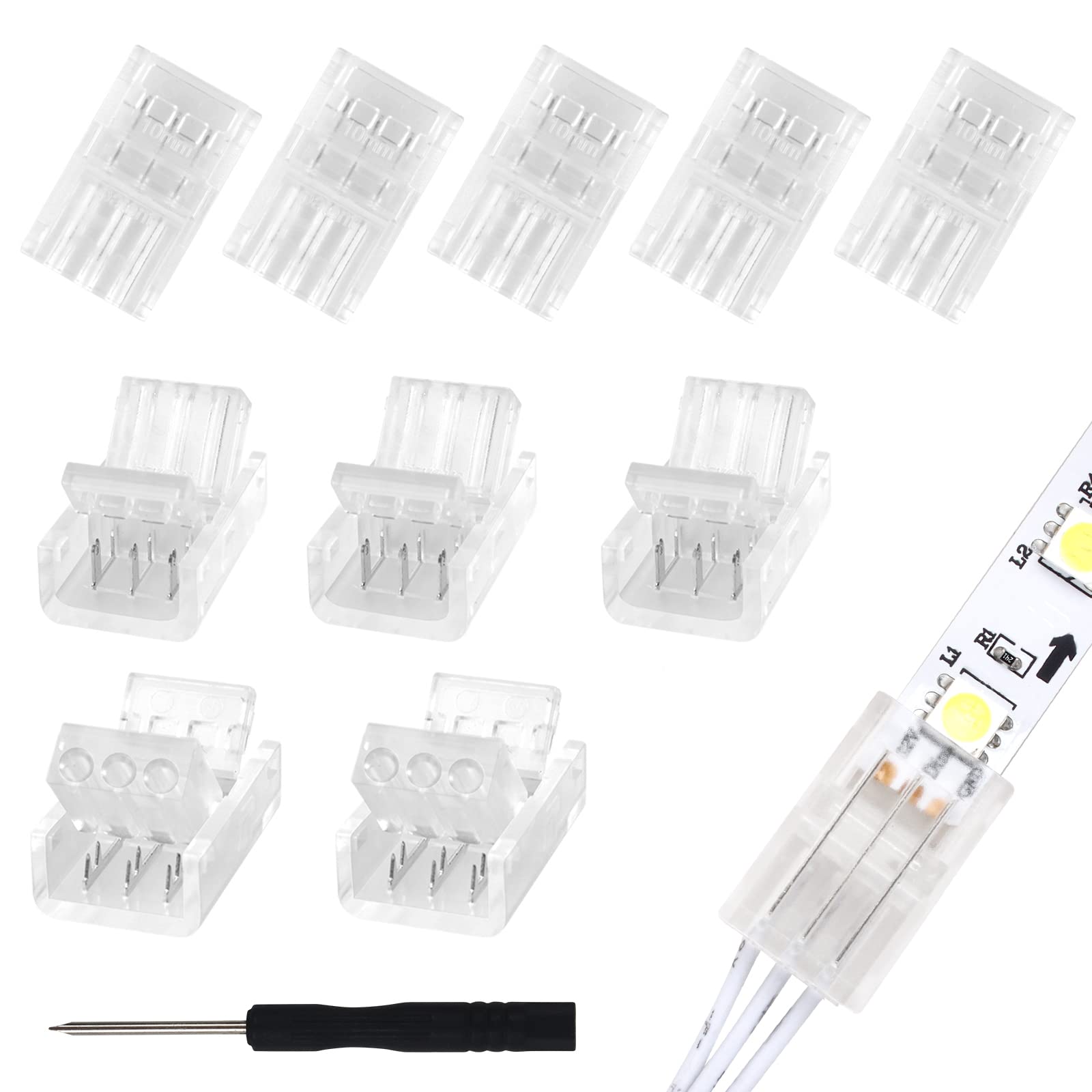 RGBZONE 10Pcs 3 Pin 10mm LED Strip Connectors Gapless Solderless Strip to Wire Quick Connector for 10mm Waterproof and Non-Waterproof WS2811 WS2812B LED Strip Lights