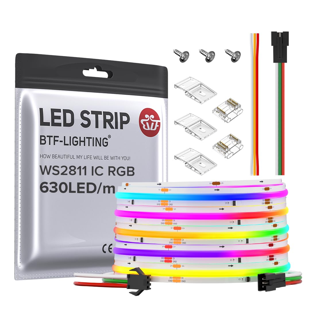 BTF-LIGHTING FCOB WS2811 IC RGB COB LED Strip 24FT DC24V 630LED/m Flexible High Density Uniform Chasing Color Light 14IC/m 10mm 