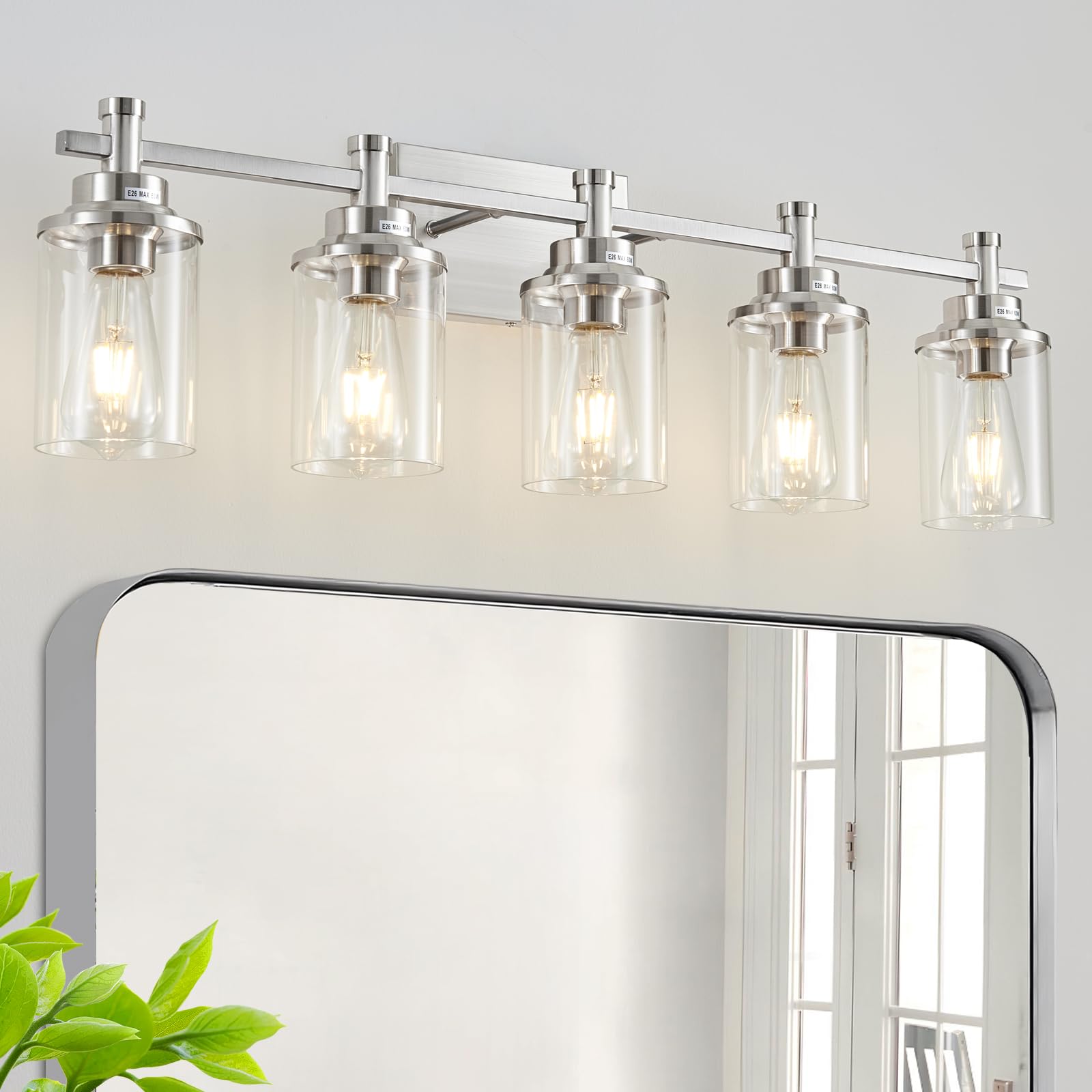 Aixialin 5 Lights Bathroom Light Fixtures, Brushed Nickel Vanity Light With Clear Glass Shade,Modern Wall Sconce For Mirror Bedr