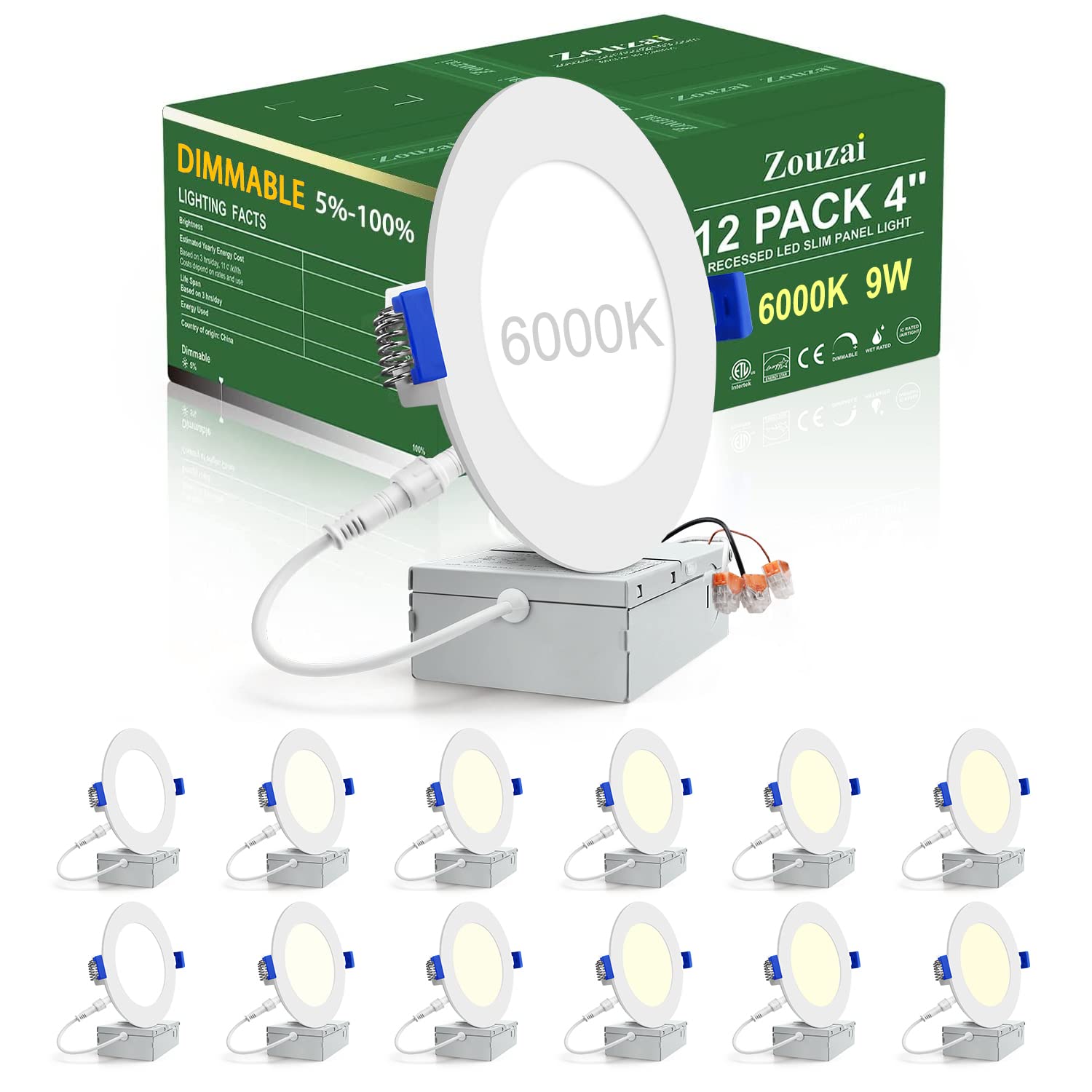 Zouzai 12 Pack 4 Inch 6000K Ultra-Thin Led Recessed Light With Junction Box, 9W 810Lm Dimmable,Ra>85 High Brightness - Etl An Energy Star Certified
