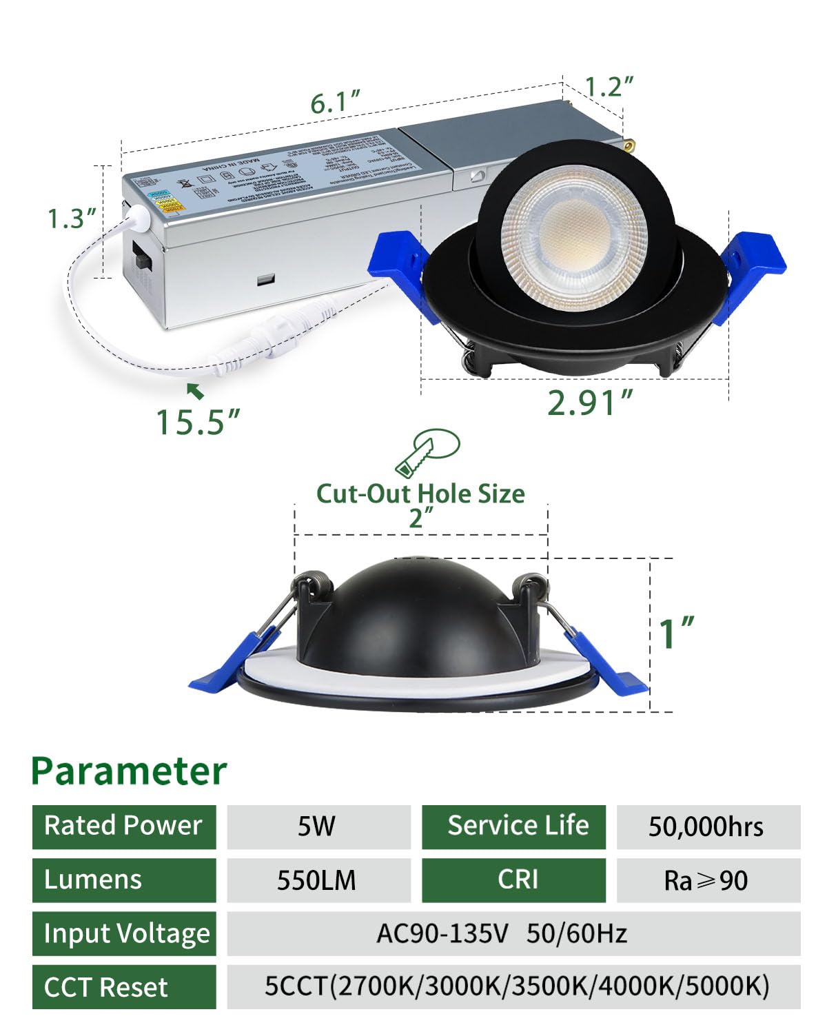 Zouzai 2 Inch 5Cct Gimbal Black Led Recessed Lighting With Junction Box  360+90 Adjustable Led Recessed Lights  2700K/3000K/3500K/4000K/5000K  5W Eqv 50W  550Lm Brightness - Etl (Black  1 Pack)