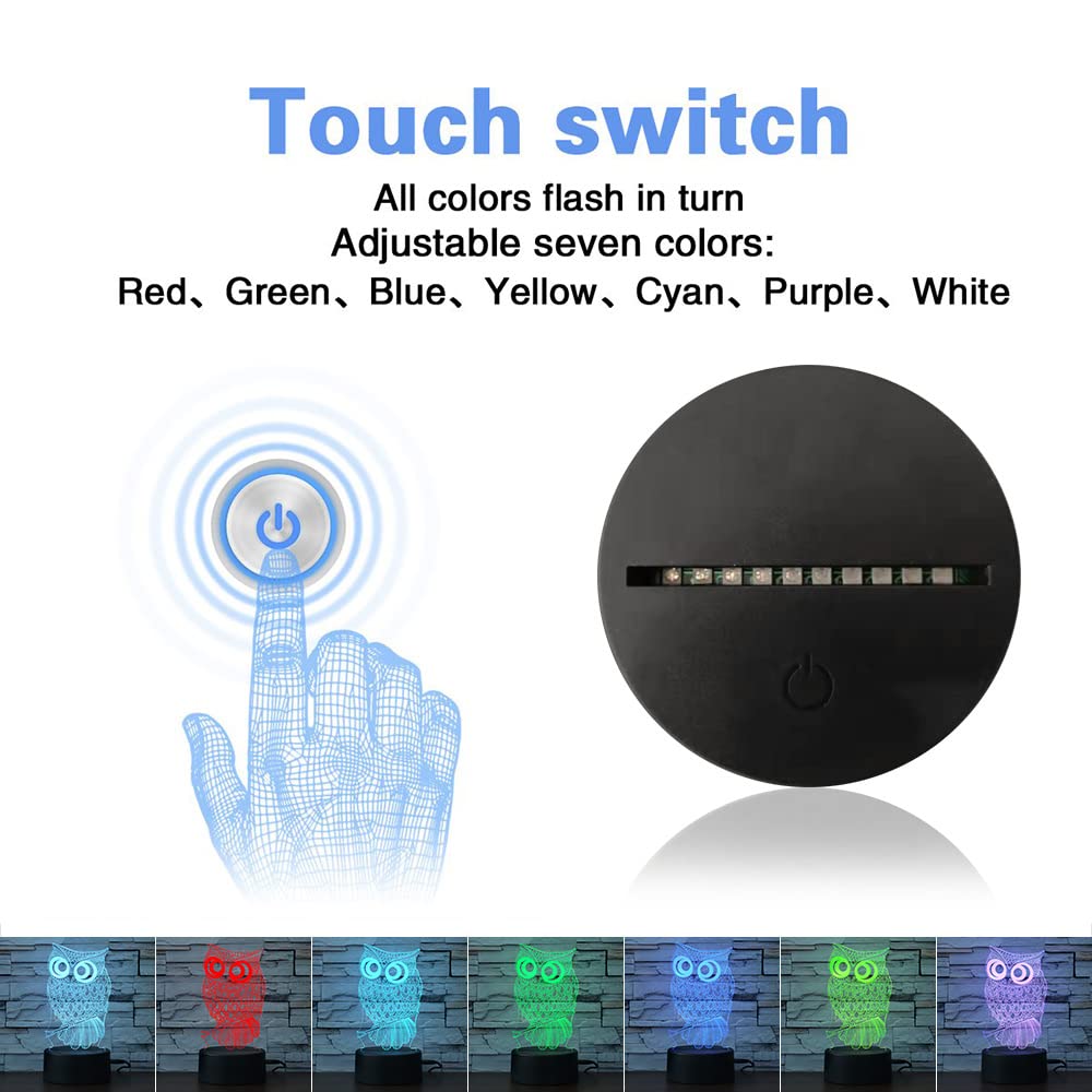 I-Chony Owl 3D Illusion Lamp - 7 Color Touch Table Night Light For Kids, Acrylic, Model Ch-26653, Perfect Gift For Boys And Girls