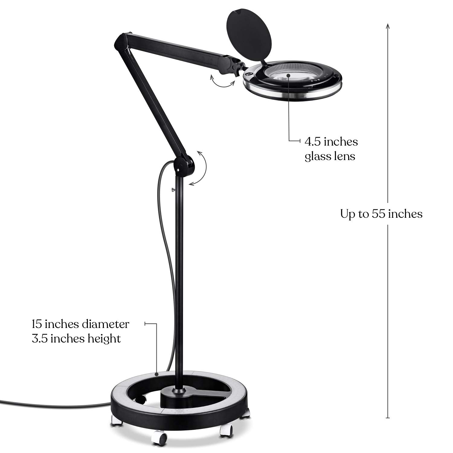 Brightech Lightview Pro Magnifying Glass Floor Lamp, 3 Diopter, Dimmable LED, Rolling Base, Black