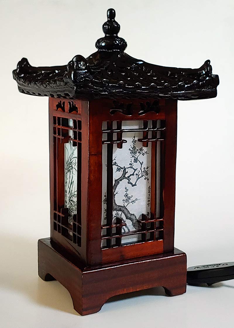 Antique Alive Traditional Korean Wood Lamp - Handmade Pagoda Table Lantern, Brown Accent Light for Bedroom, Model la105