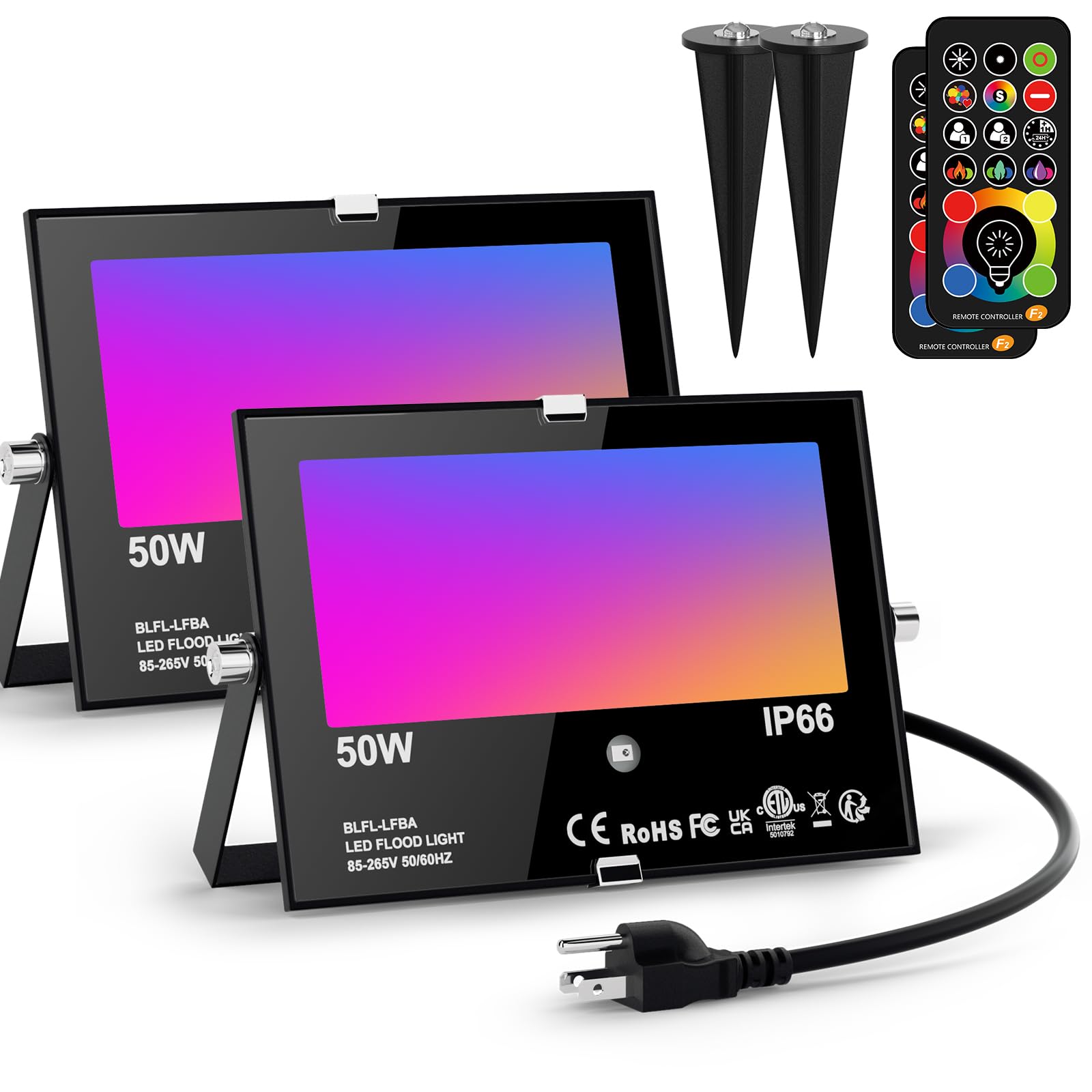 Hydong Led Flood Light 500W Equivalent Rgbw 2-Pack, Remote Control, Dimmable, 5000Lm