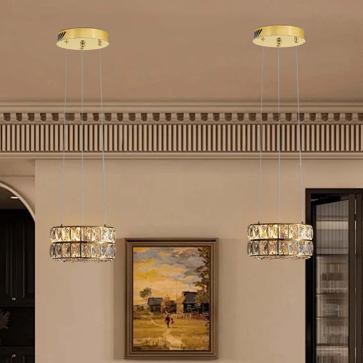 Idequy Led 11.8'' Gold Ring Crystal Chandelier, Modern Dimmable Chandeliers Lighting And Hanging Adjustable, Led Round Ceiling L