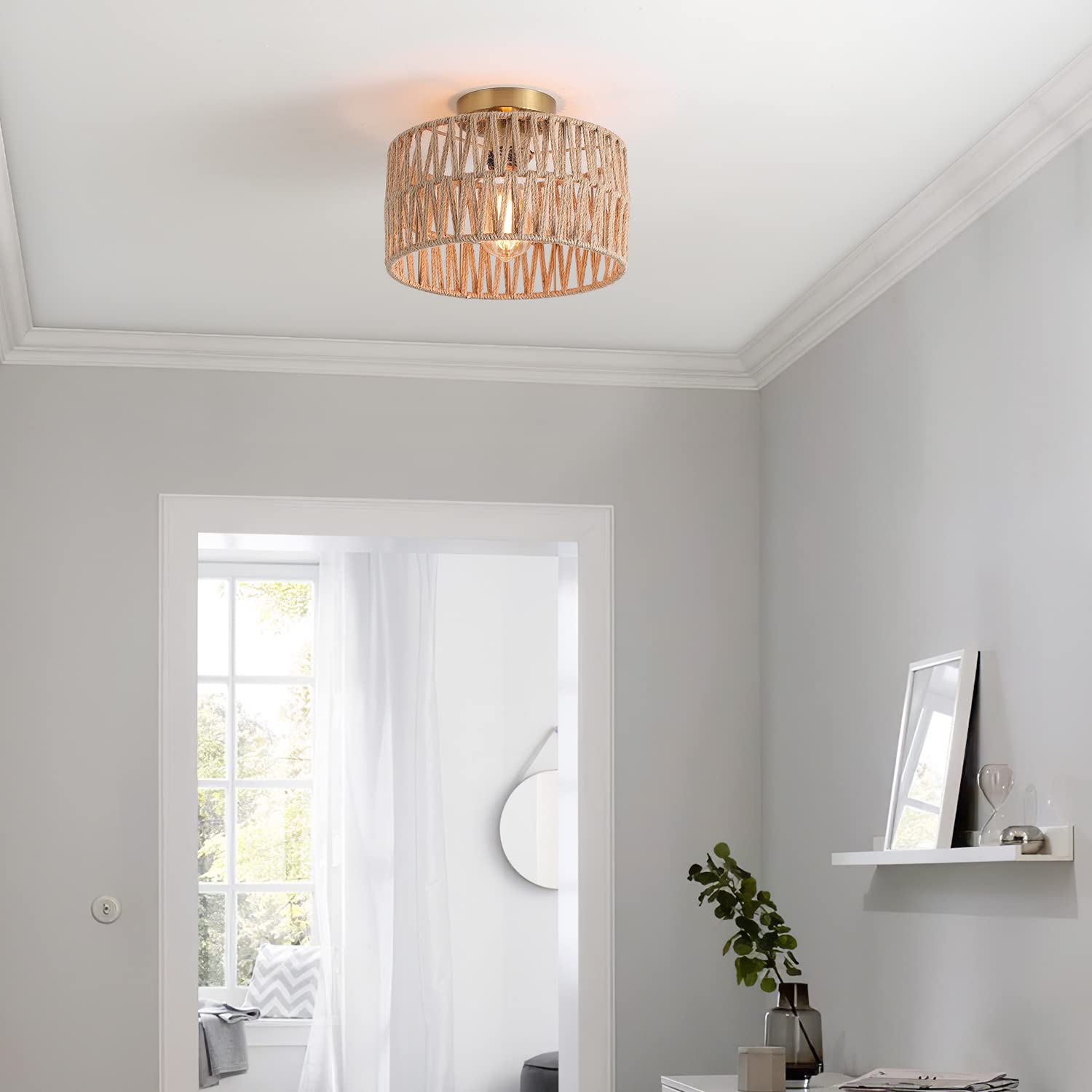 Hchunqjor Coastal Antique Gold Woven Flush Mount Light Fixture Rustic Boho Hemp Rope Brass Semi Flush Mount Ceiling Light For Ha