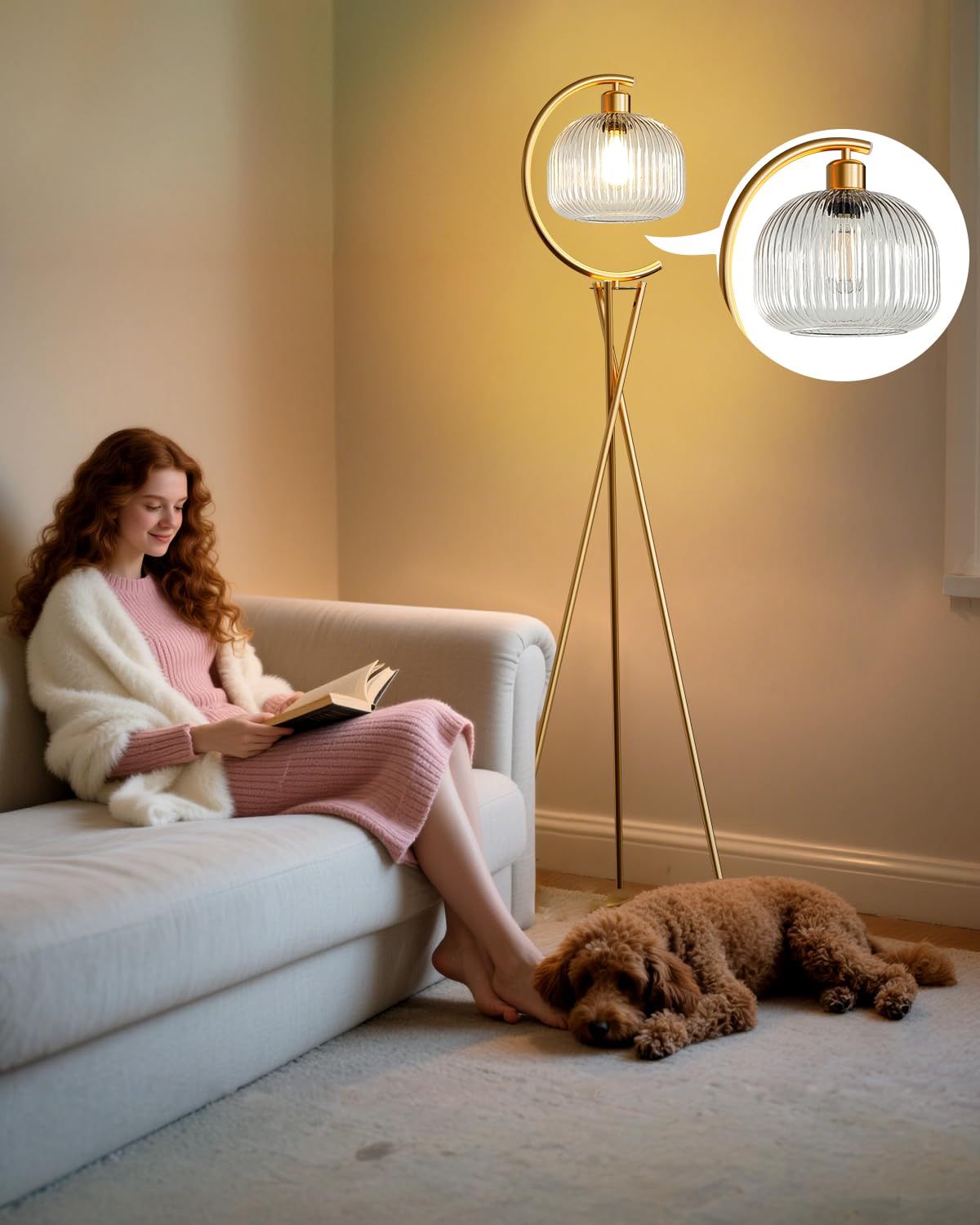 Lightdot Tripod Floor Lamp for Living Room, Gold Standing Lamp with Clear Glass Lampshade, Farmhouse Tall Lamp for Bedroom, Arce