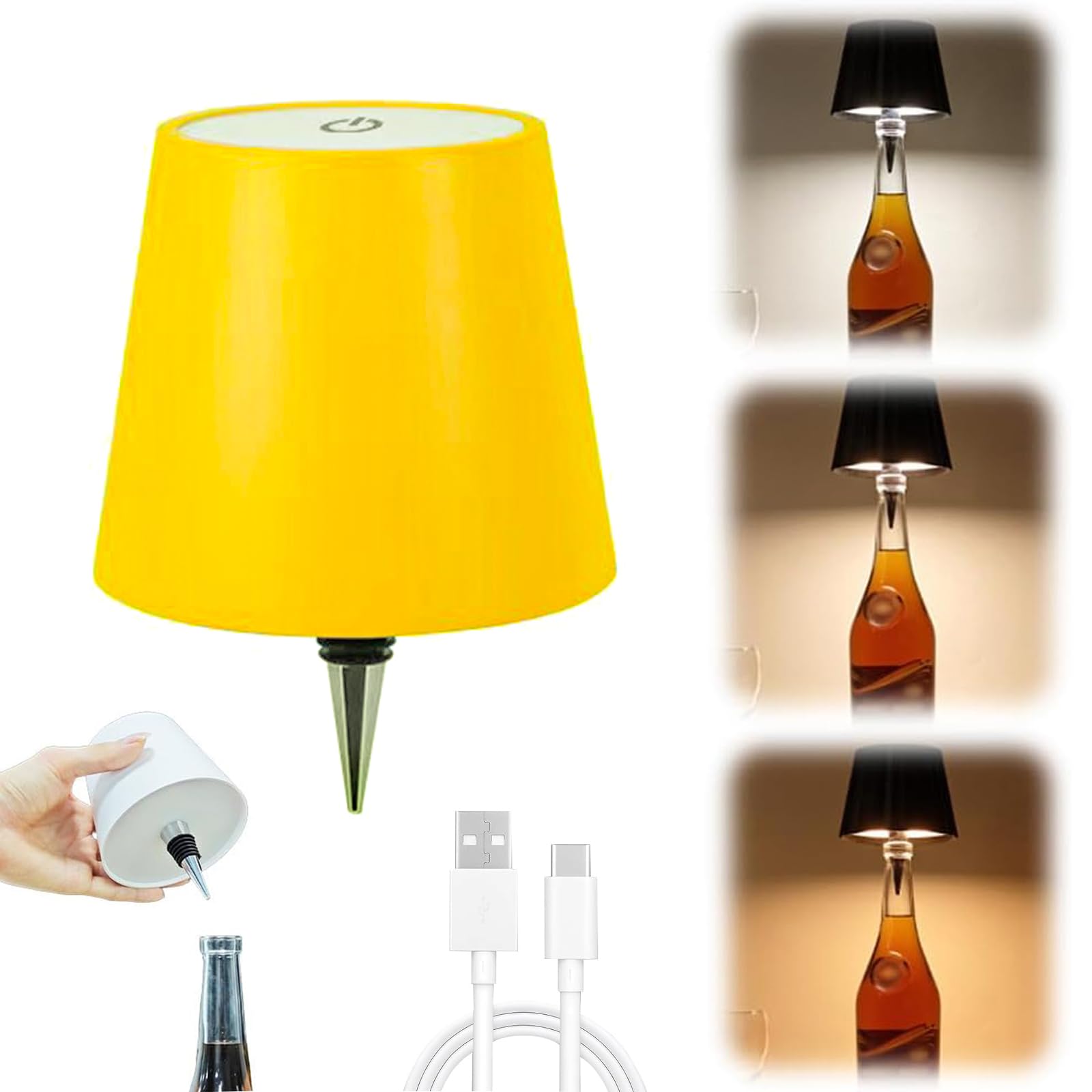 zmiao Wireless Bottle Lamp - Portable LED Touch Table Lamp, Rechargeable, 3 Light Modes, Yellow