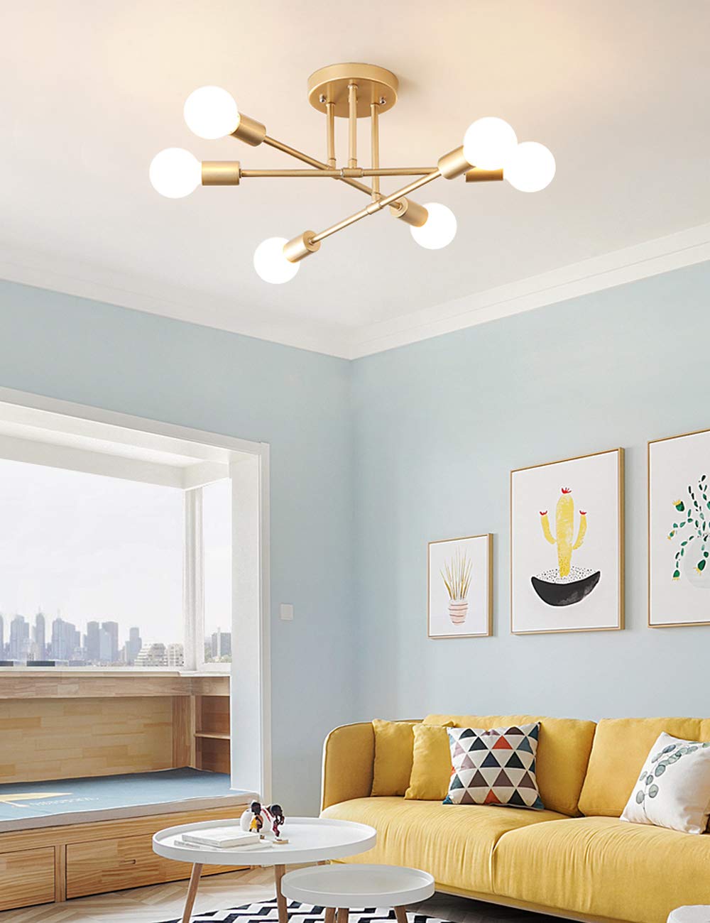 Dellemade Modern Sputnik Chandelier, 6-Light LED Ceiling Light, Gold Finish, Model XD02003G for Bedroom, Dining Room, Kitchen, Office