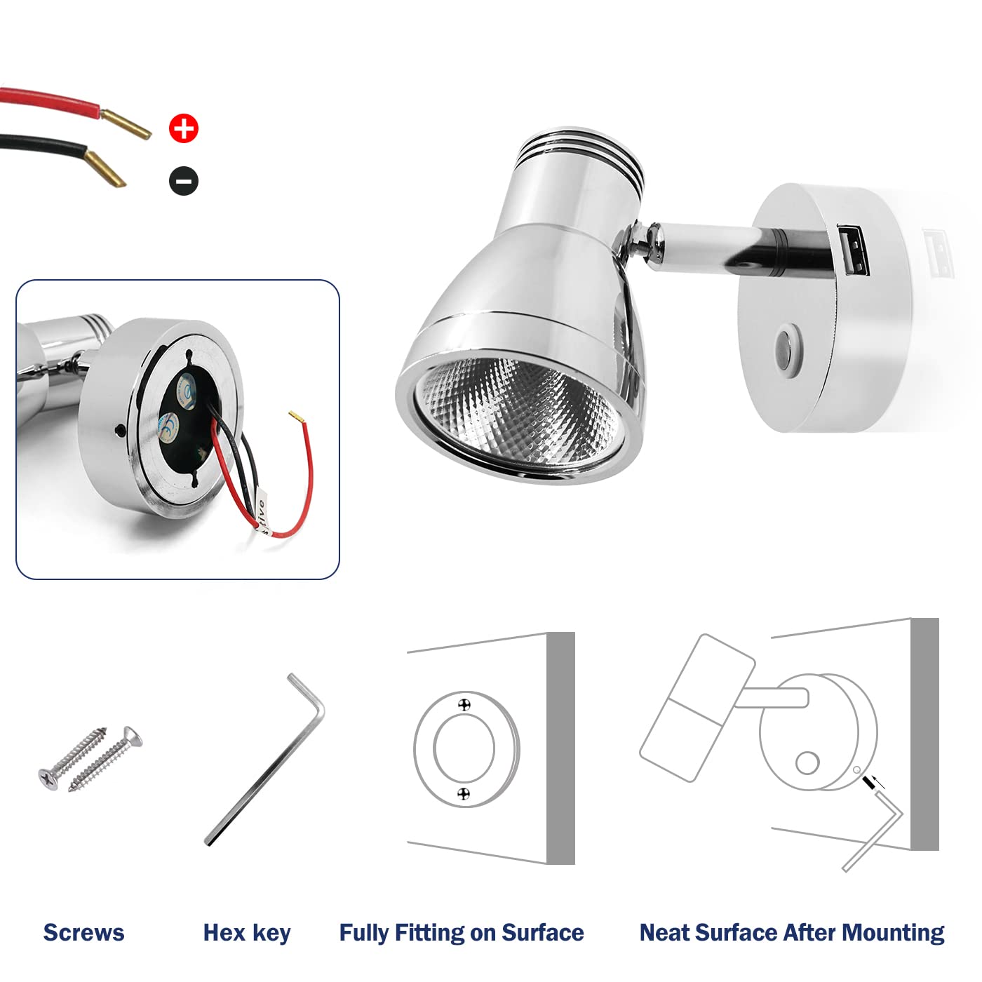 THALASSA 3W RV Wall Reading Lamp with USB Port, Low Voltage LED, Chrome Finish, Model L0259U, Warm White Light for Caravan and Boat
