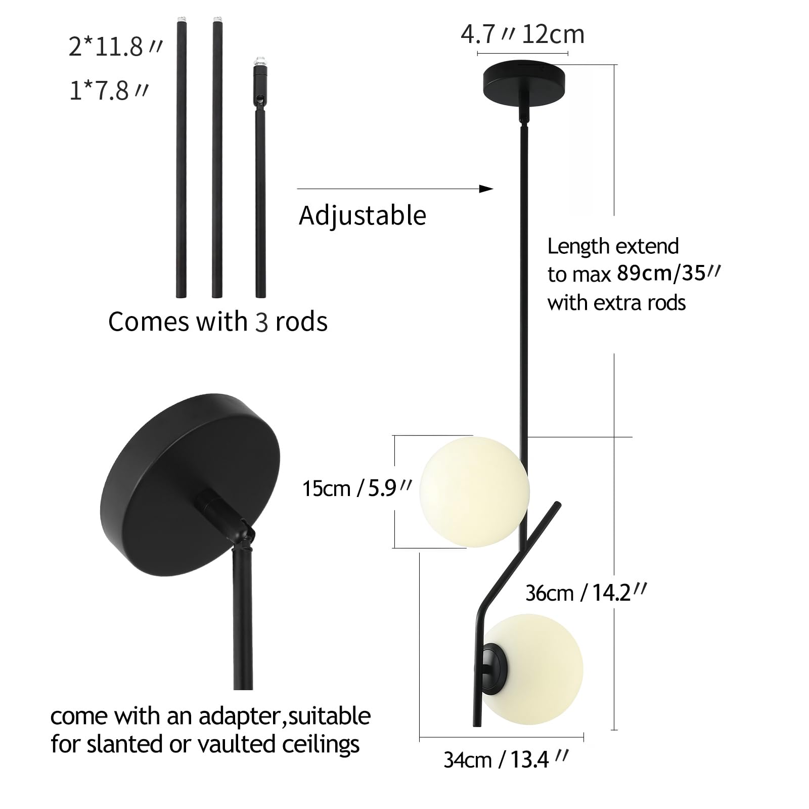 SeeU Modern Pendant Light Fixture - Black Globe Chandelier for Kitchen Island, Dining Room, Bedroom - Model CH017PBW