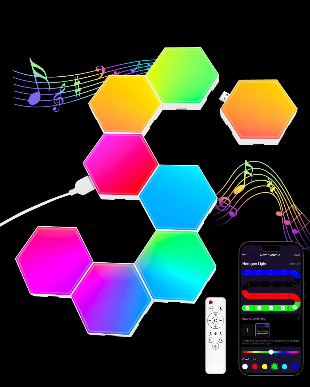 JIMIMORO 8 Pack Hexagon Light Panels -Cool Music Sync RGB Hexagon LED Lights Gaming Lights with APP & Remote Control Wall Lights
