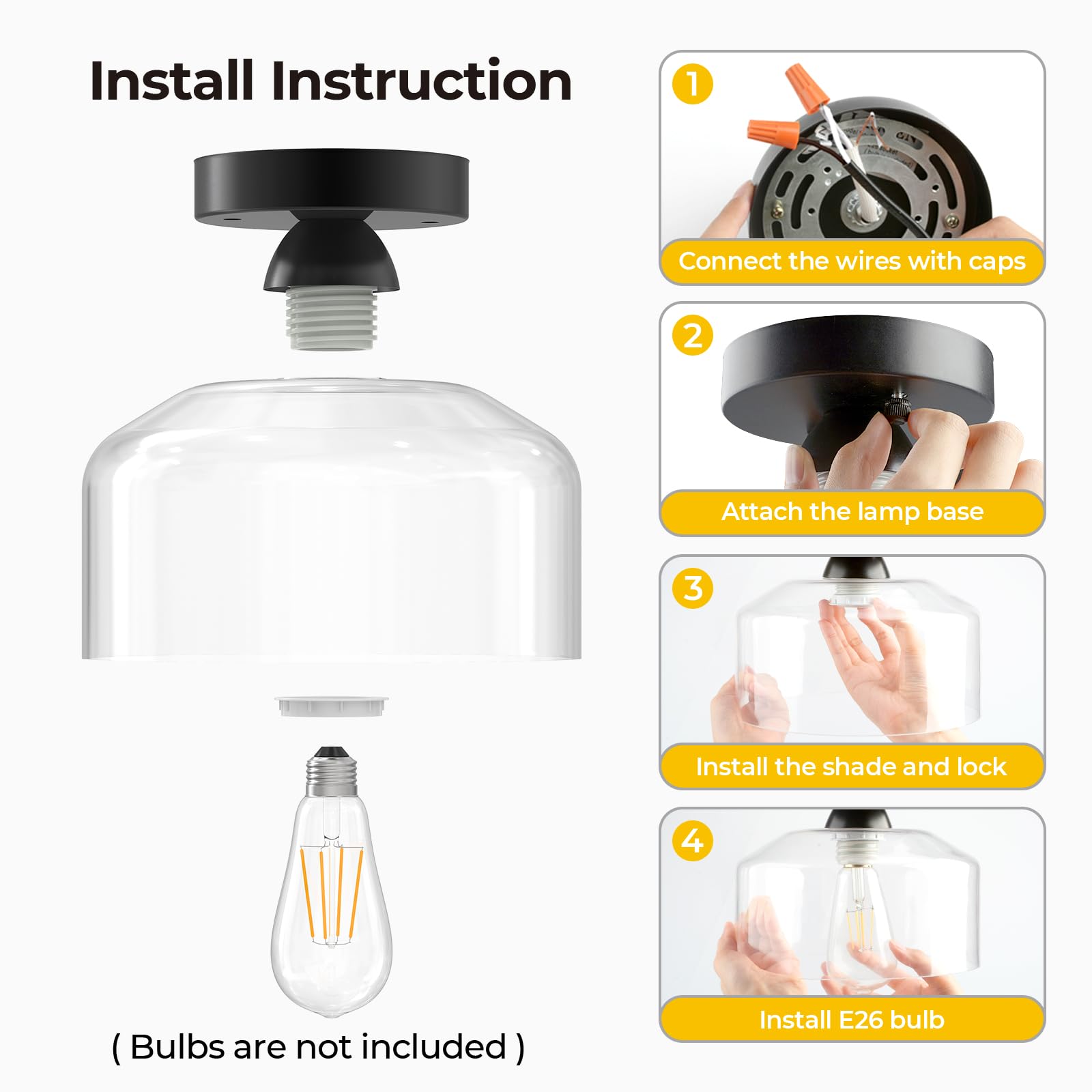 Semi Flush Mount Ceiling Light - Clear Glass Pendant Lamp Shade, Matte Black Finish, Modern Farmhouse Light Fixture For Hallway Corridor Kitchen Entryway Bedroom, Bulb Not Included