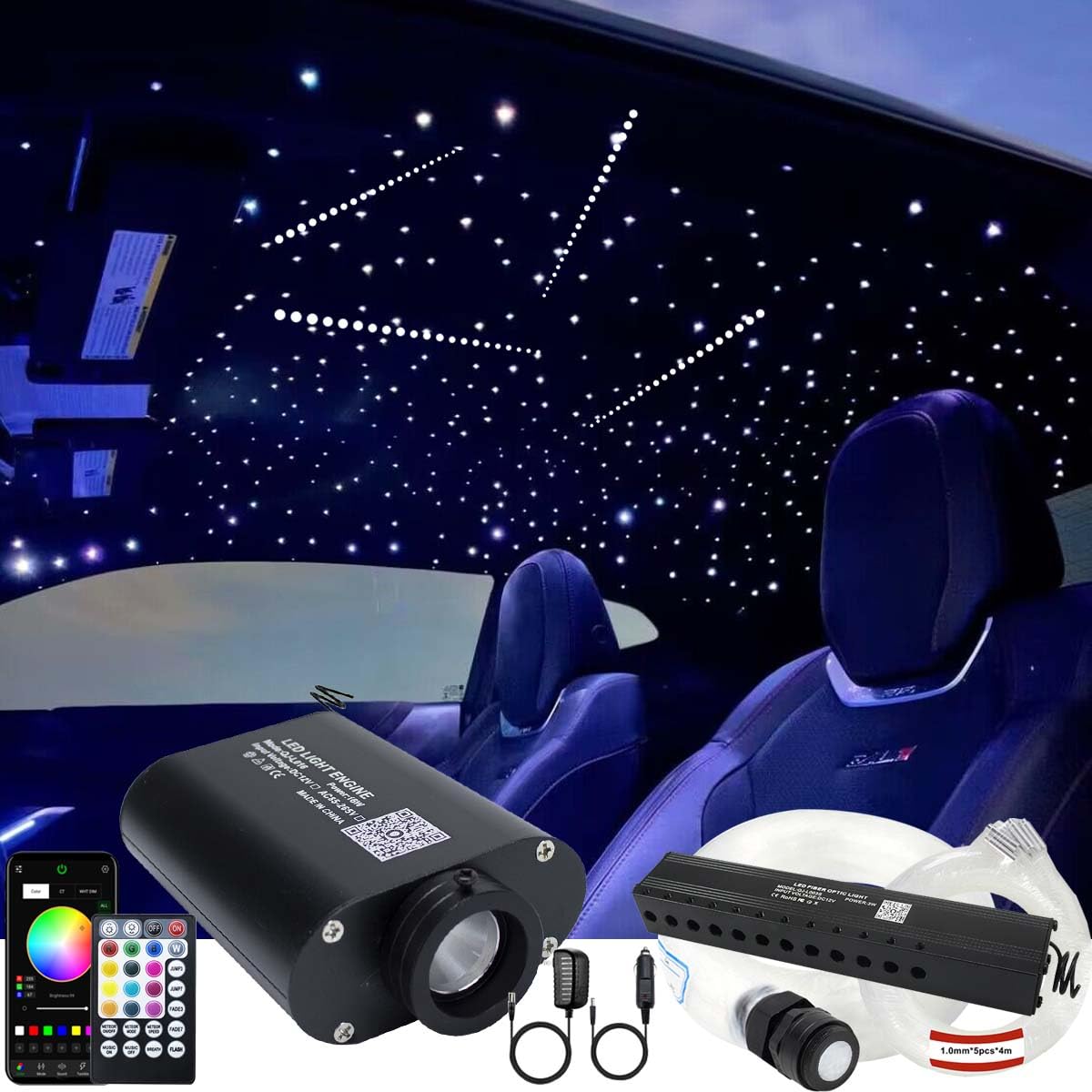 AZIMOM LED Bluetooth Meteor Fiber Optic Light Kit 16W RGBW, 550pcs, 13ft, Black, Music Mode, APP Remote, Home Decoration