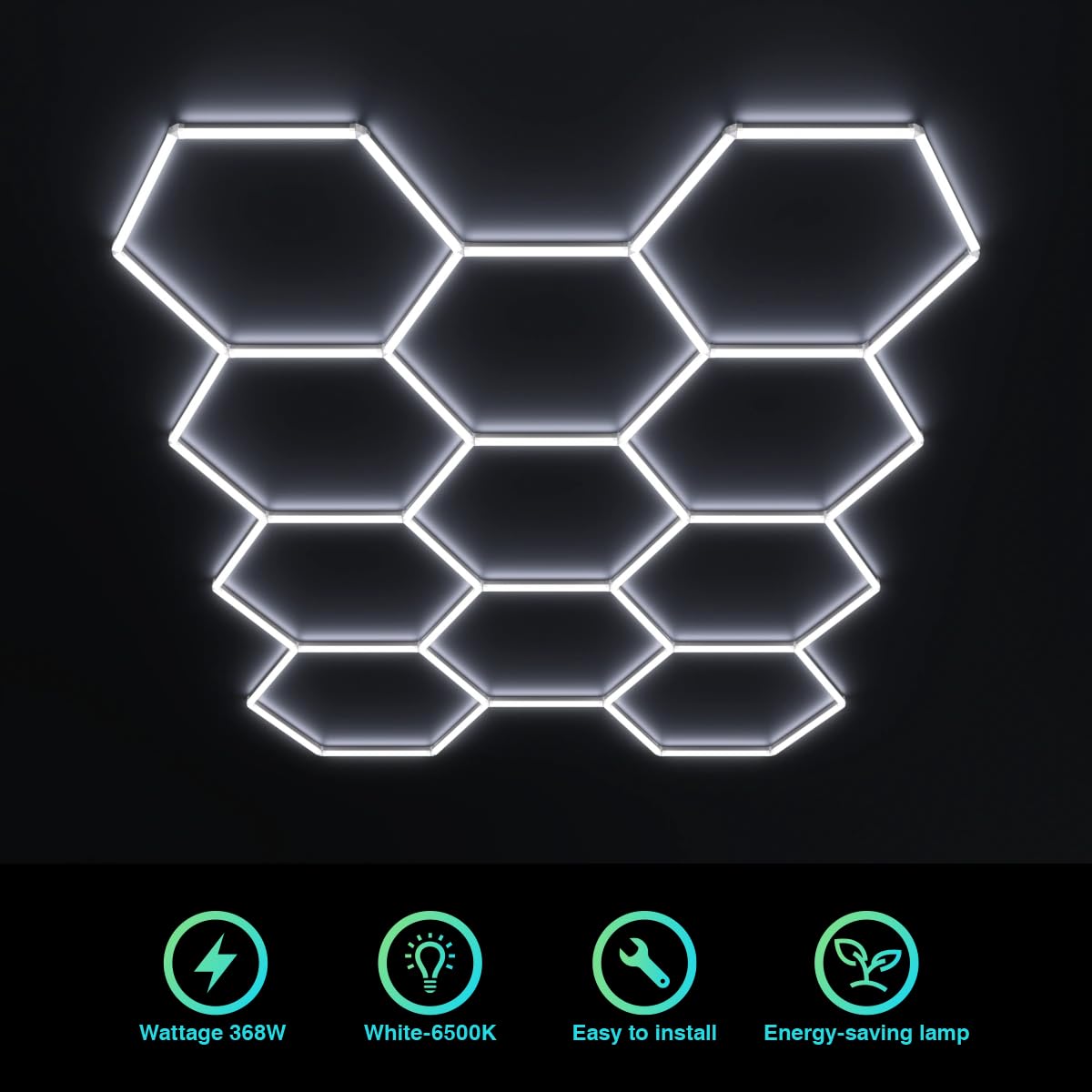 Cezelux Hexagon Garage Lights, 11 Honeycomb 46Packs Tubes 6500K 368W 3.2X2.3M, Honeycomb Garage Lights Ceiling Led Car Detailing Lighting For Gym Basement Warehouse Auto Beauty Shop Hair Salon Office