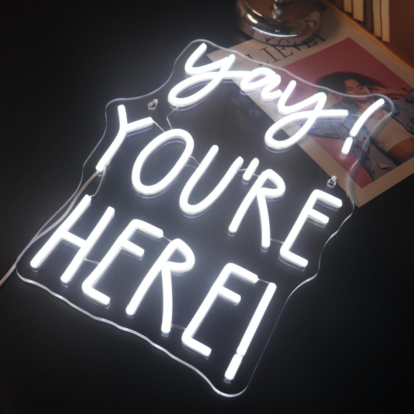 QiaoFei Neon Sign - "Yay! You're Here!" Positive Quotes Wall Decor, 12" Square, White, Silicone, Model QFLGT240914013