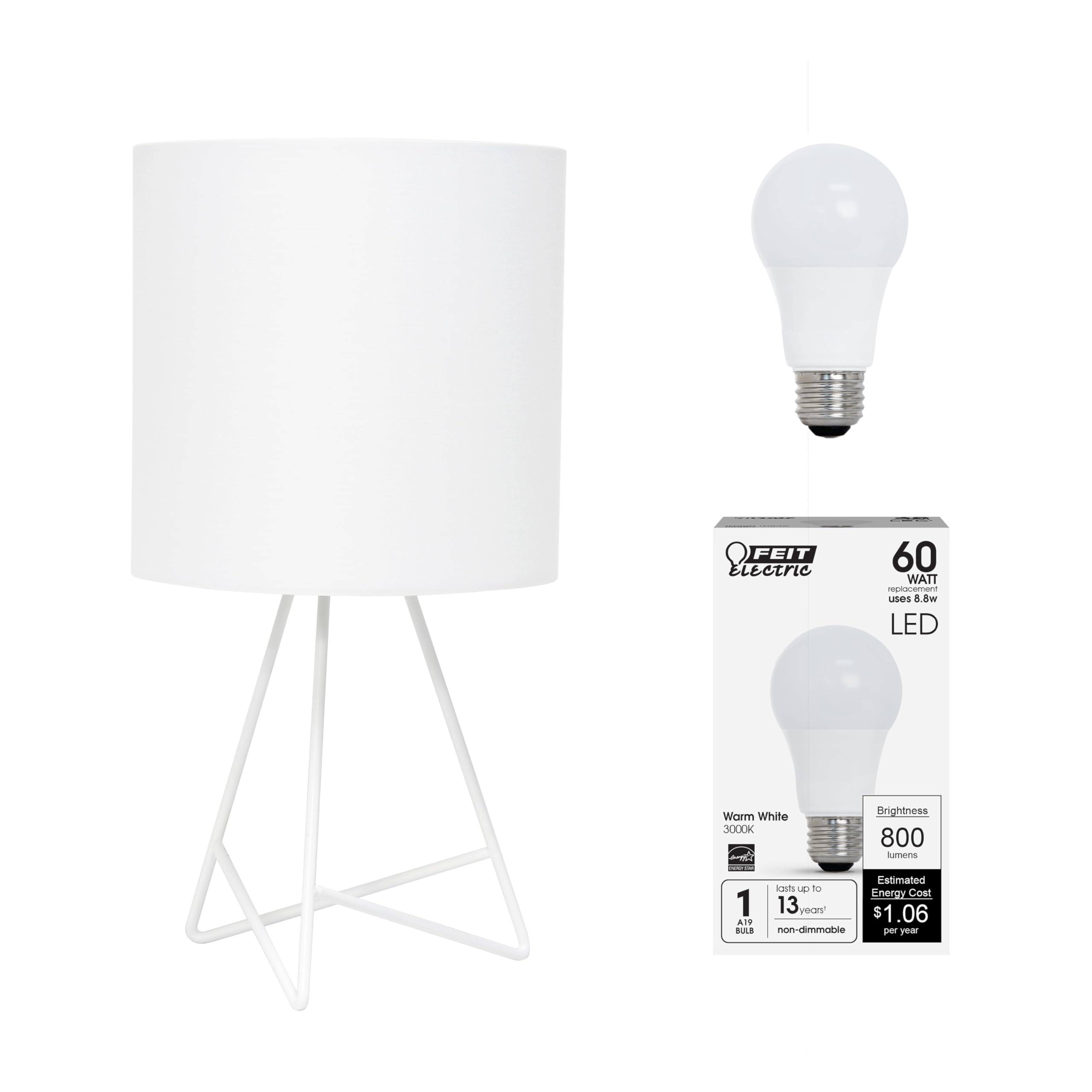 Simple Designs LT2066-WOW-LB 14&quot; Down to The Wire Table Lamp for Bedroom, Living Room, Entryway, Office, White with White Shade, with Feit LED Bulb Included