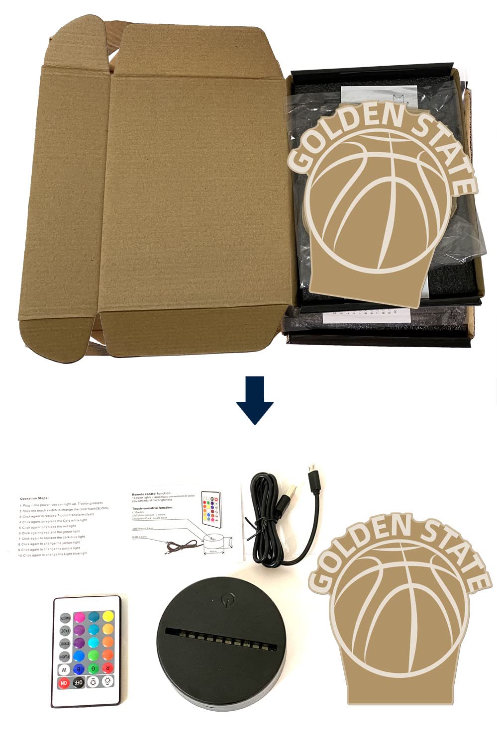 Clorurbanlive 3D Basketball Golden State Night Light 3D Illusion Lamp For Boys Gift 16 Changing Color Remote Control Kids Room B