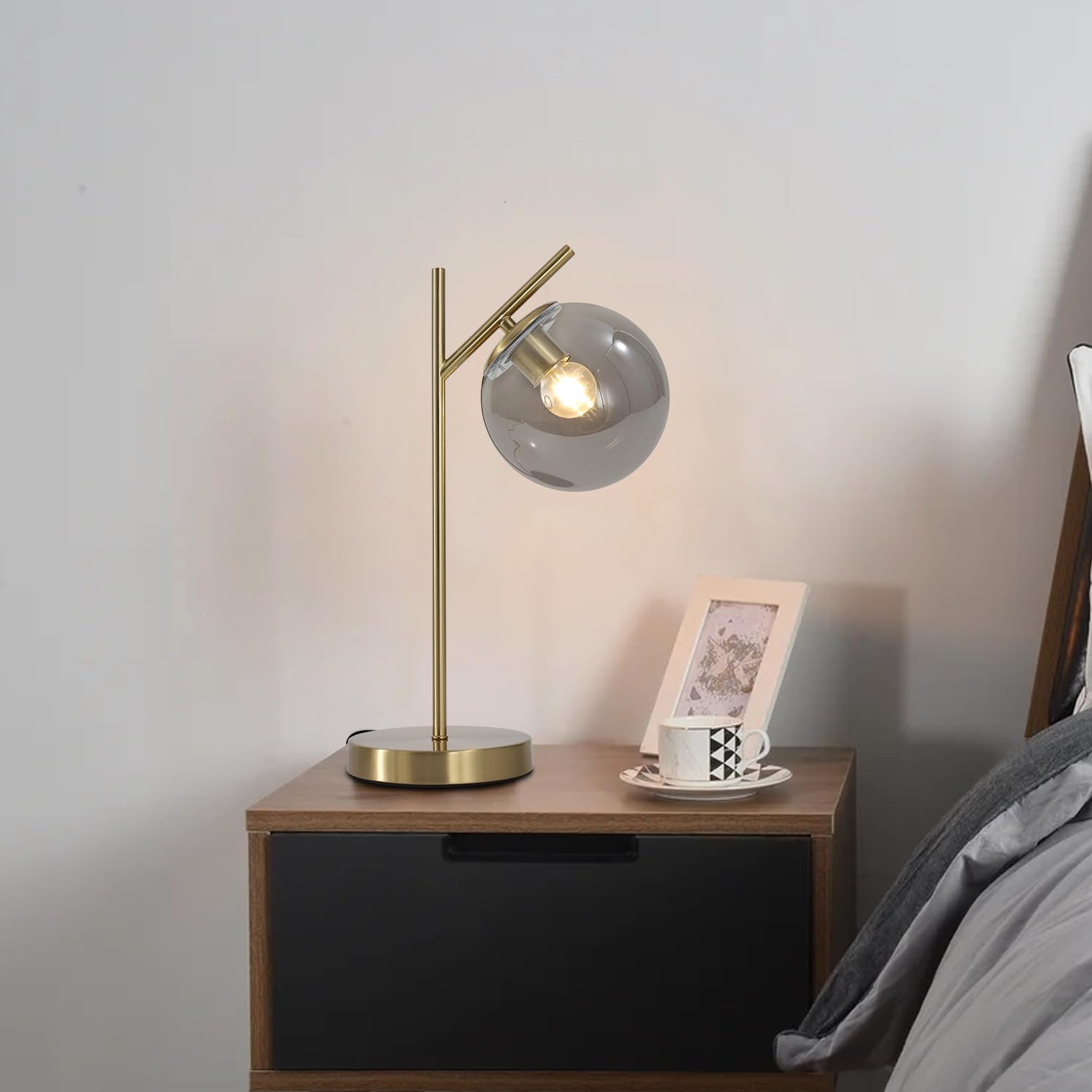 Fulesi Mid Century Desk Lamp Glass Globe Table Lamp With Gray Glass Lampshade Gold Modern Bedside Lamps For Bedroom Living Room