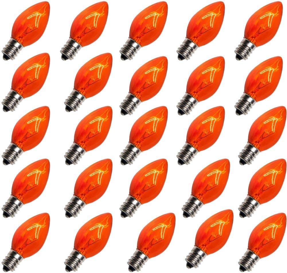 Romasaty C7 Orange Halloween Replacement Bulbs, 25 Count, Glass, C7/E12 Base, 5 Watt