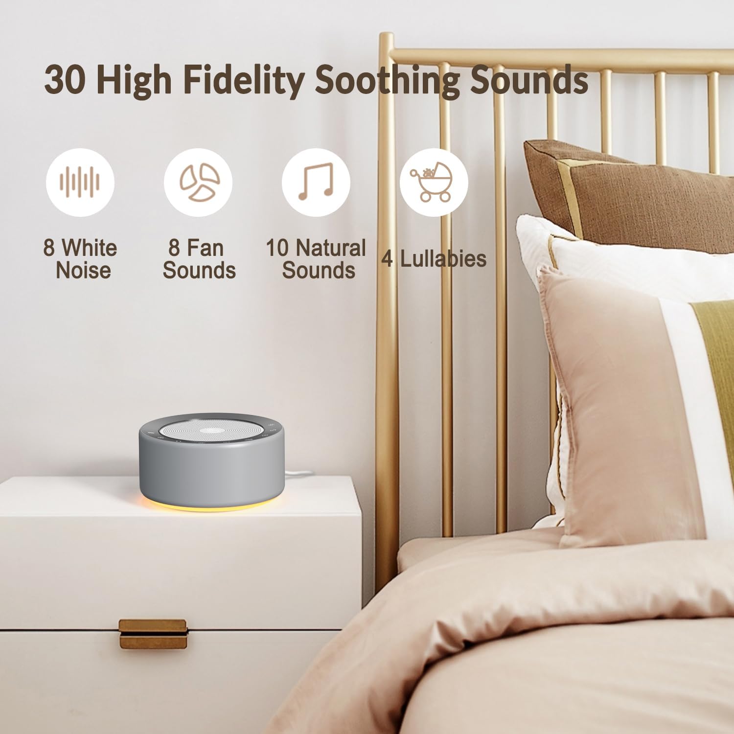 Kipcush Nursery Lamp with Sound Machine, 30 Sounds, 7 Colors, Touch Control, Grey, Plastic