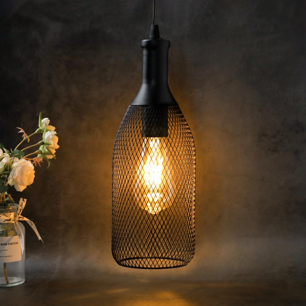 JHY DESIGN Hanging Lamp - Battery Powered Metal Cage Pendant - 13inH Wine Bottle Shape - Ideal for Indoor/Outdoor Use