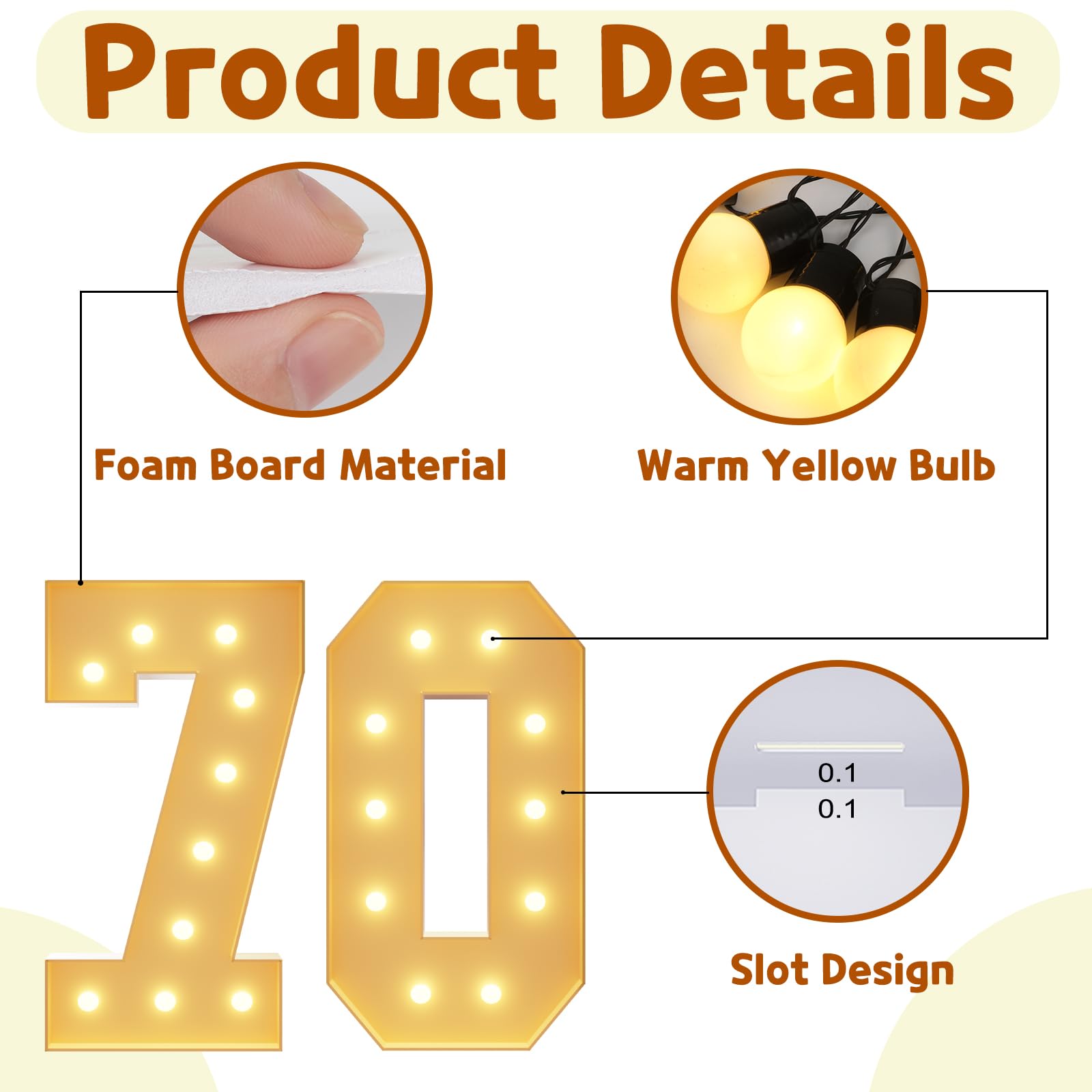 imprsv 4FT Light Up Numbers - Marquee Number 70 Birthday Decor, Foam Board Anniversary Party Decorations for Men & Women