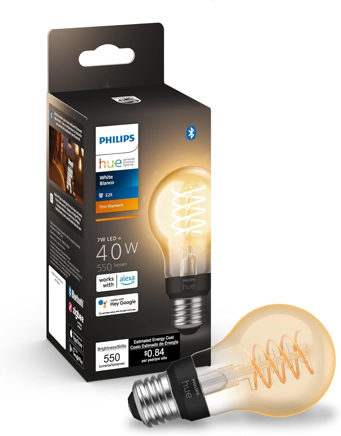 Philips Hue Smart 40W A19 Filament Led Bulb - Soft Warm White Light - 1 Pack - 550Lm - E26 - Indoor - Control With Hue App - Com