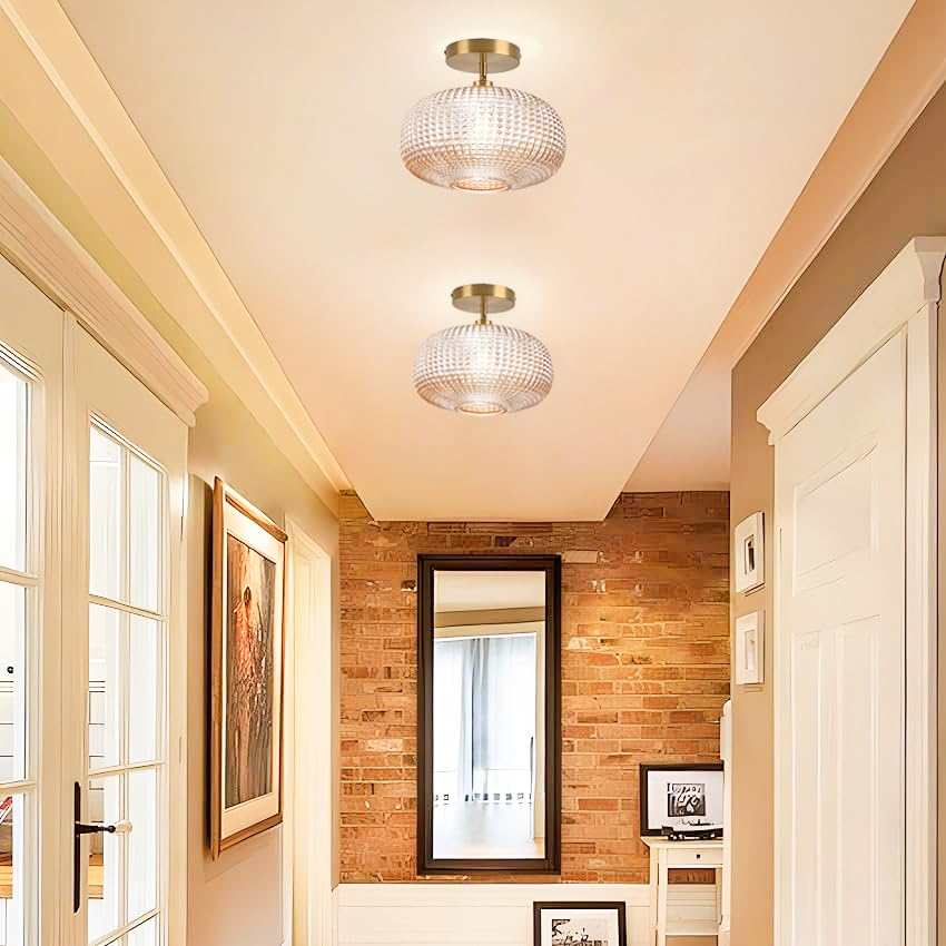 Jolydoly Semi Flush Mount Ceiling Light Vintage Small Ceiling Light Fixture Hallway Lighting Fixture With Amber Glass Shade Art Deco Kitchen Lighting Fixtures Ceiling For Bedroom Bathroom Porch