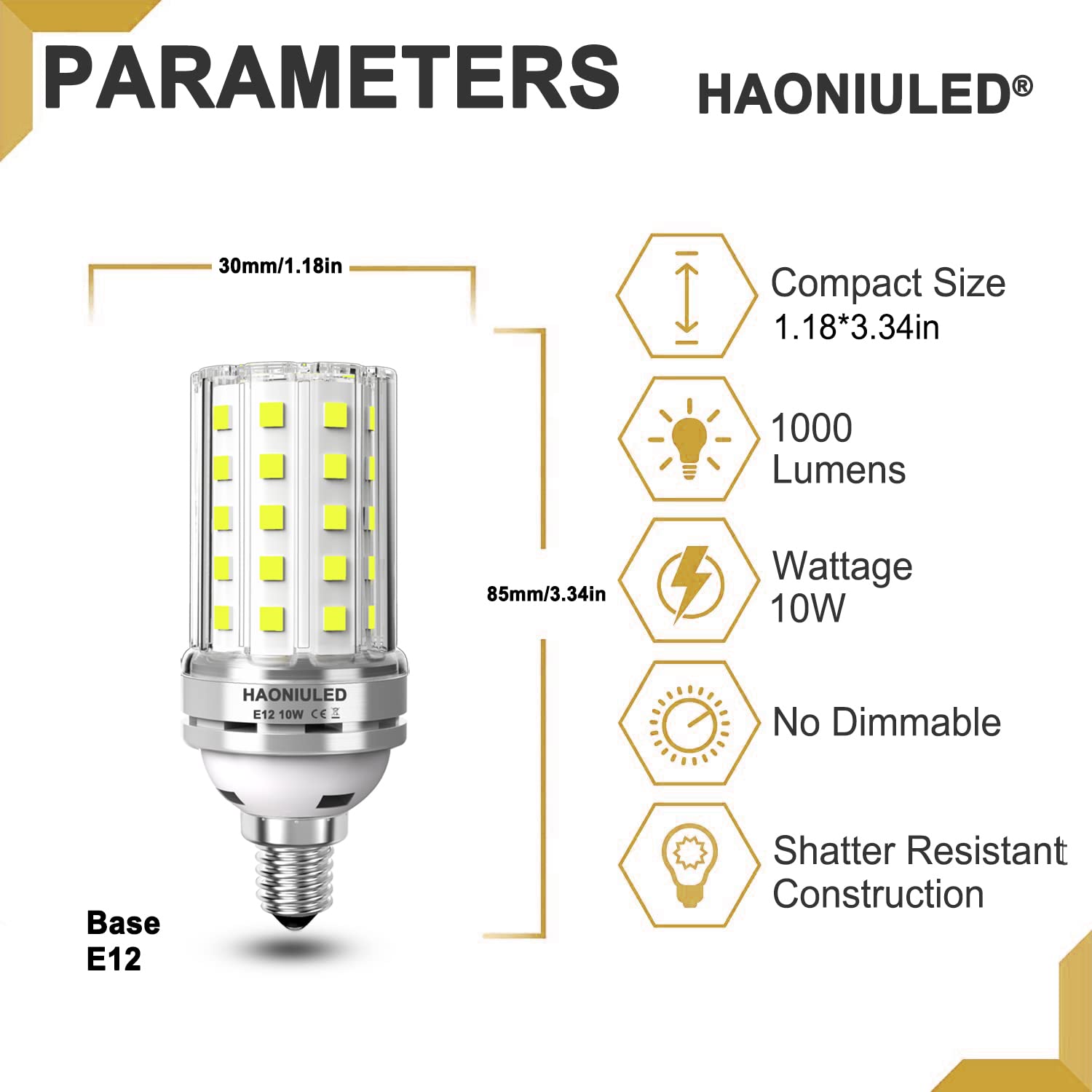 Haoniuled E12 Led Light Bulbs, 10W, Daylight White, 1000 Lumens, 100 Watt Equivalent, Non-Dimmable, Edison Candelabra, Flicker F