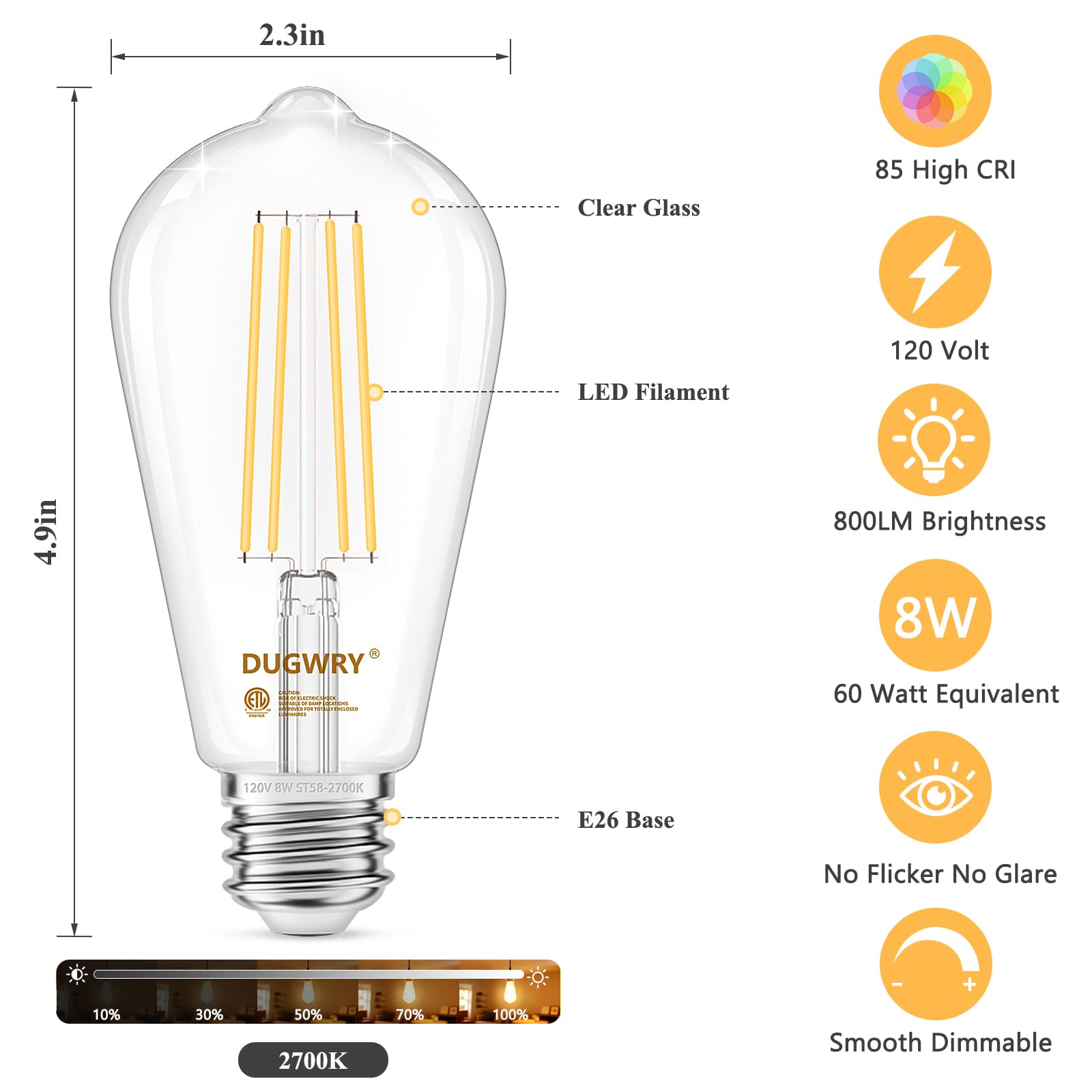 Dugwry 12 Pack Vintage Led Edison Bulbs, Dimmable E26 Led Bulb Equivalent 60W, 2700K Warm White,800Lm,8 W St58 Antique Led Filam