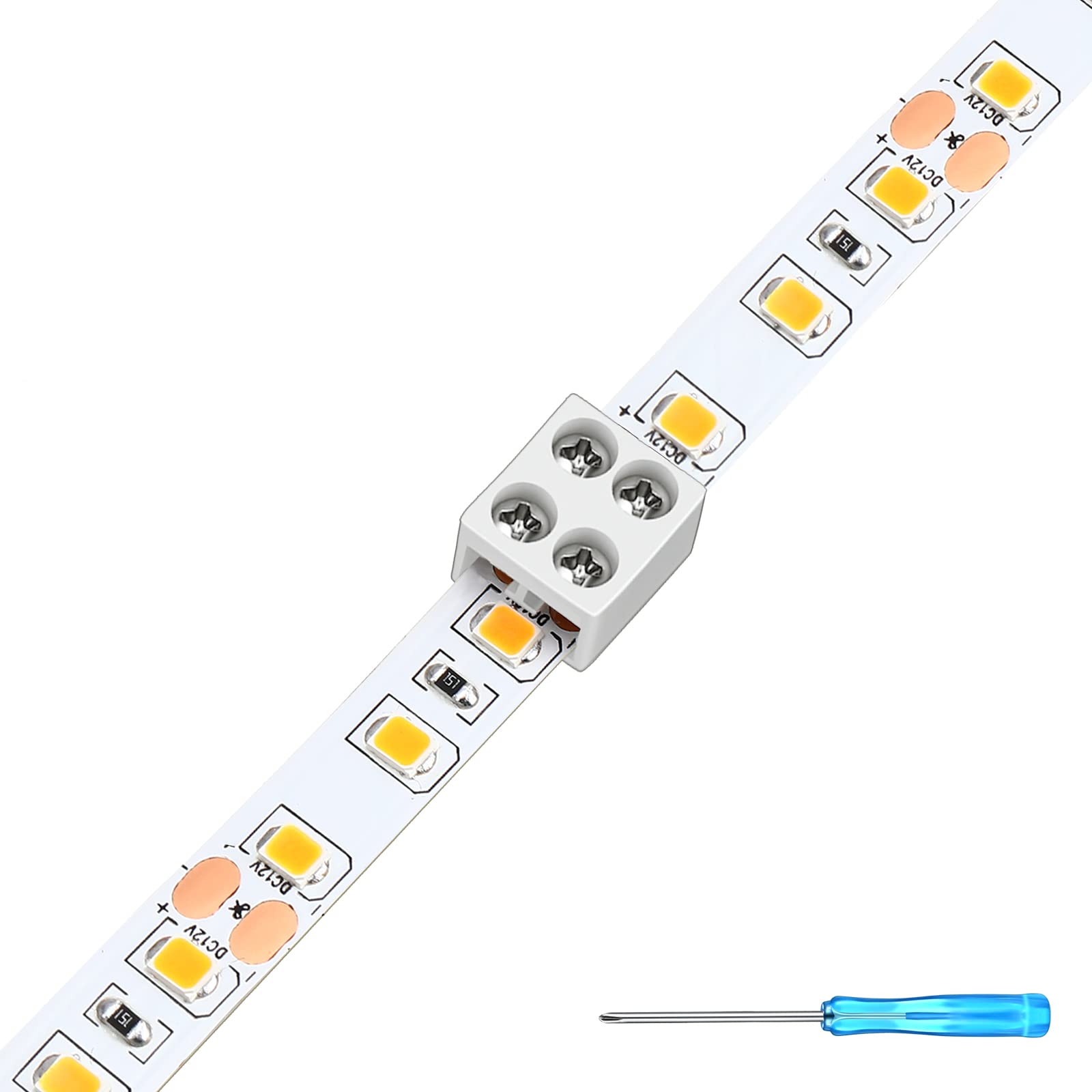 25 Pack Solderless LED Strip Connectors Tighten Screw Terminal Blocks 2 Pin 8mm Connector with Screwdriver Wire to White 2P8MM-2