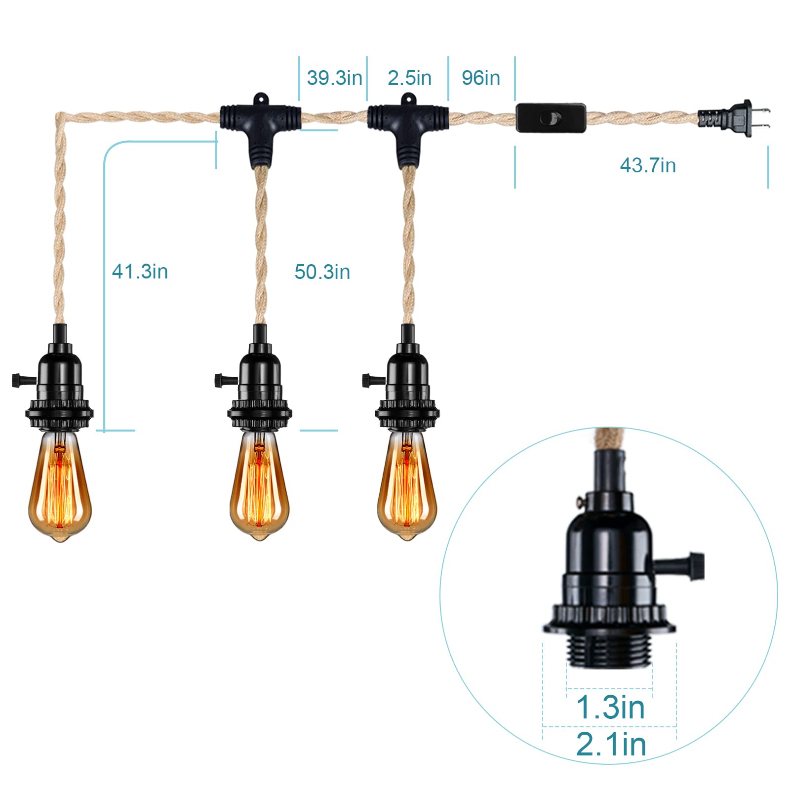 Yeleeino Vintage Triple Pendant Light Cord Kit With Independent Switch, Hemp Rope Pendant Light Plug In, E26 Farmhouse Hanging Lighting Cord Fixture, For Diy Lampshade Cable Loft