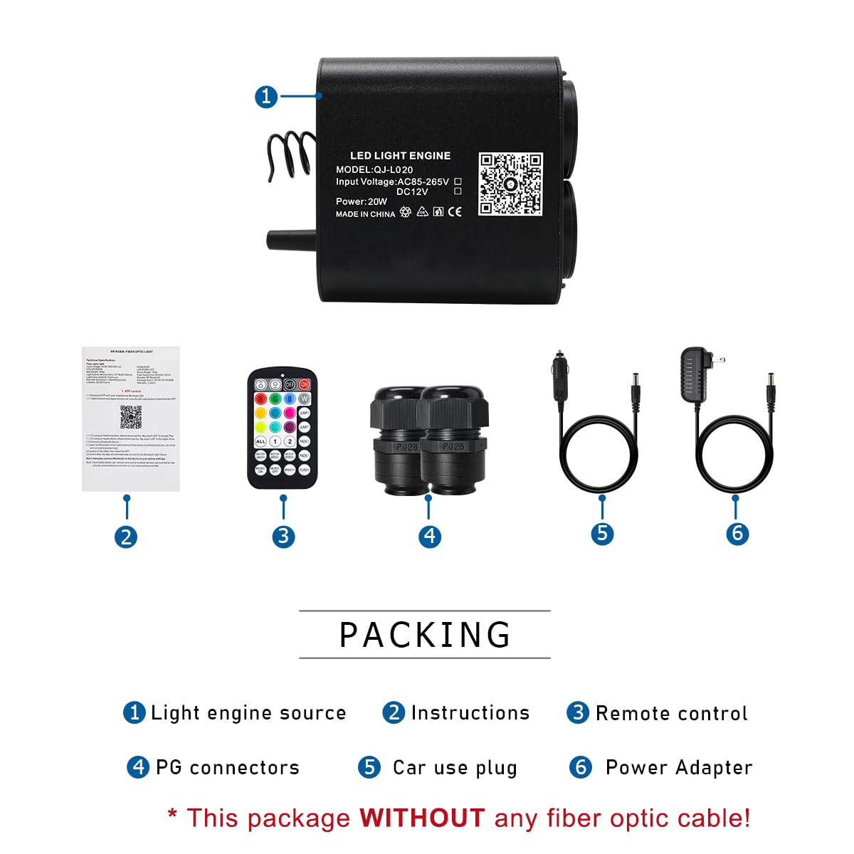 AKEPO 20W Dual-Head Fiber Optic Light Source, RGBW, Twinkle + APP Control, Music Activated, Model QJ-L020