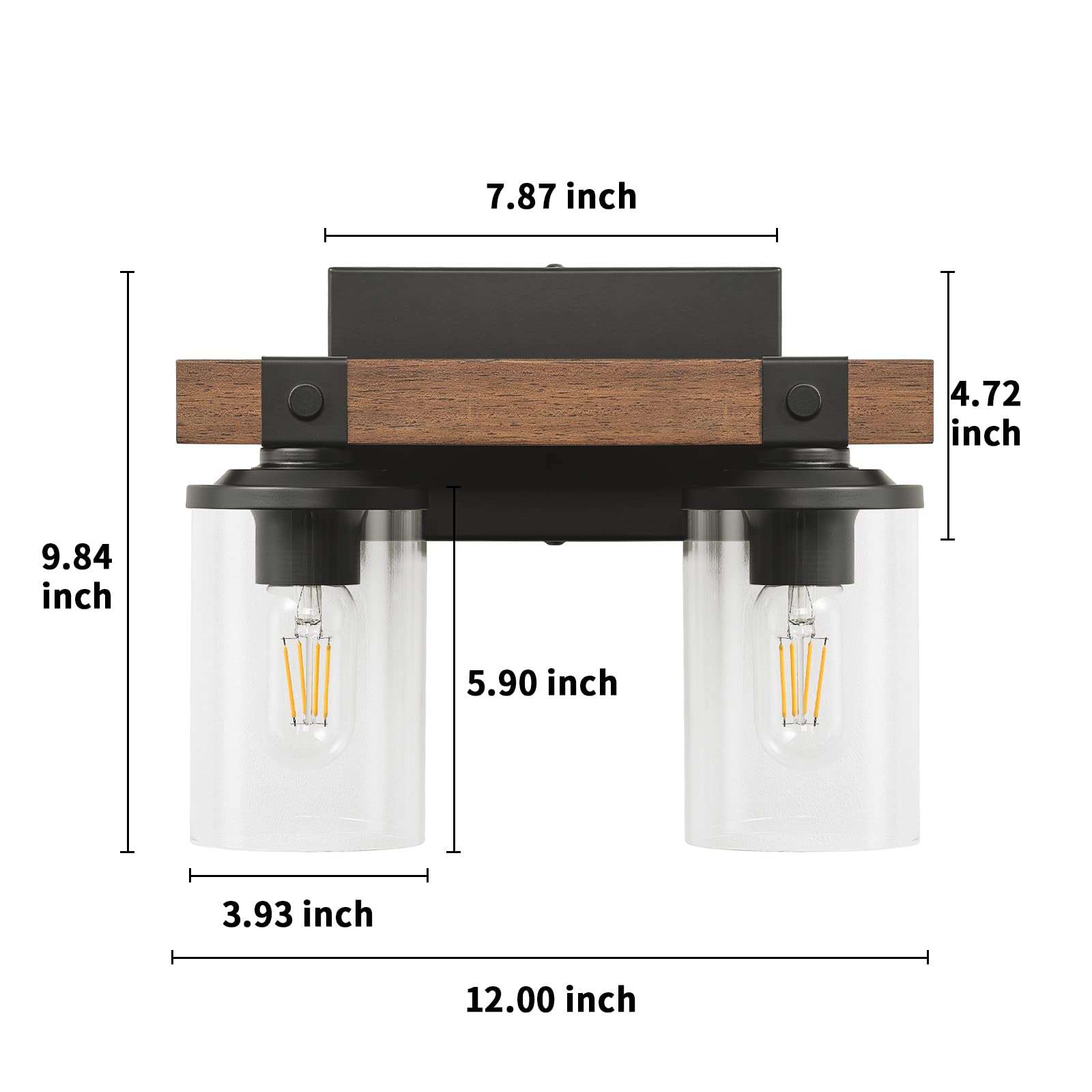 GoYeel Farmhouse Vanity Lights, 2-Light Rustic Wall Sconce, Antique Wood, Clear Glass Shade, Vintage Style for Bathroom and Hallway