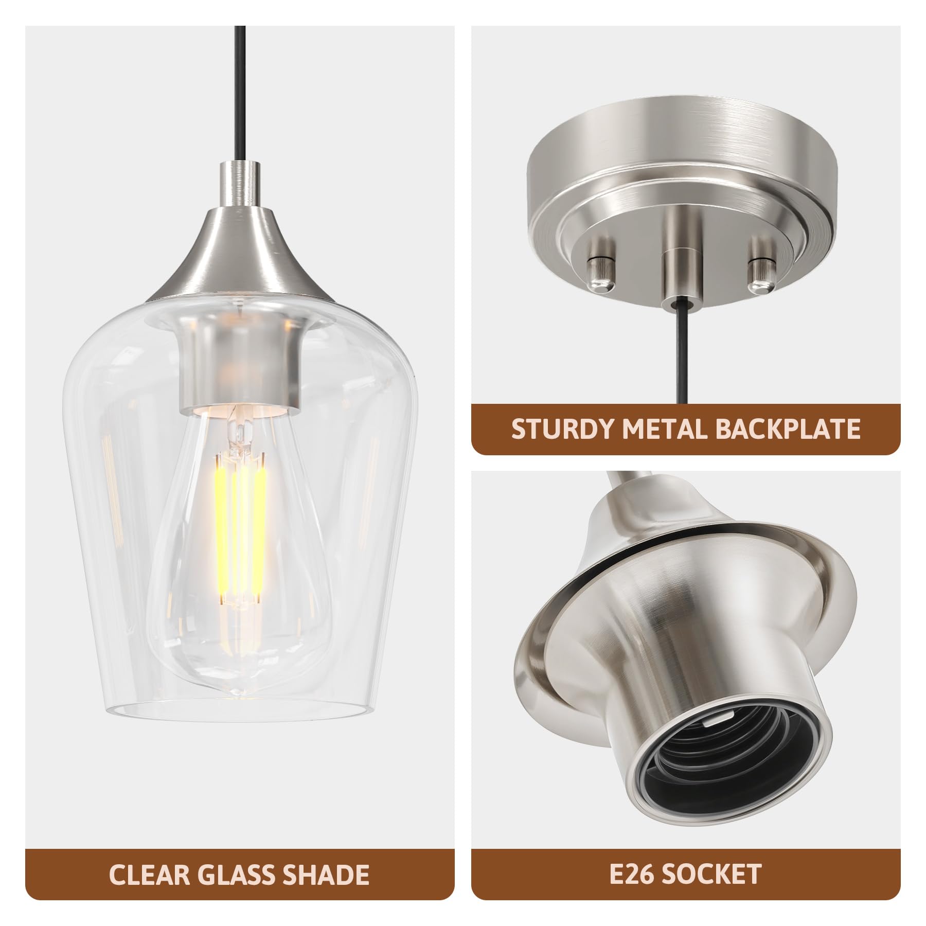 VONLUCE Brushed Nickel Pendant Lights, 3-Pack Adjustable Glass Shade Fixtures for Kitchen, Living Room, Bedroom - Model PDL-150N-3P