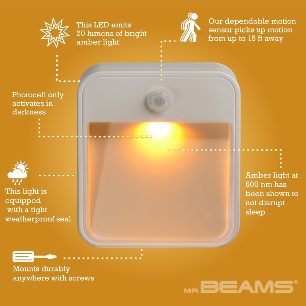 Beams Mb720A 20 Lumen Amber Led Sleep Friendly Wireless Battery Powered Motion Sensing Nightlight, 3-Pack, White