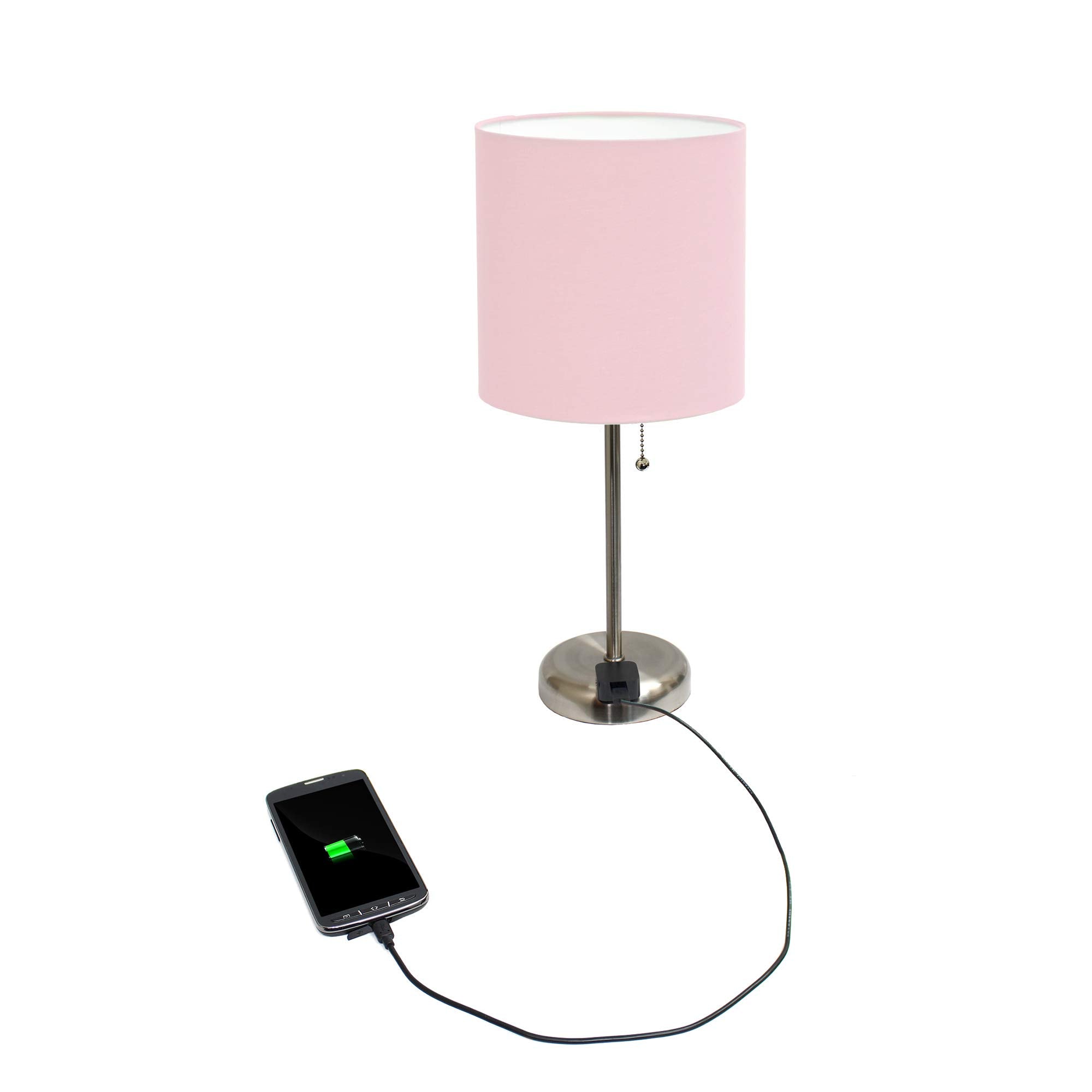 Simple Designs Lt2024-Lpk Brushed Steel Stick Table Desk Lamp With Charging Outlet And Drum Fabric Shade, Light Pink
