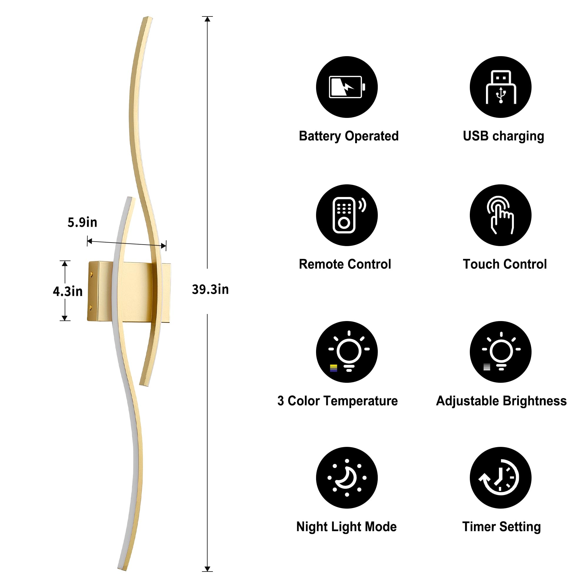 KARTOOSH Battery Operated Wall Sconce, Dimmable LED, 39.3 Inch, Gold, Remote Control, Metal, Model ZM324BGD100-1A