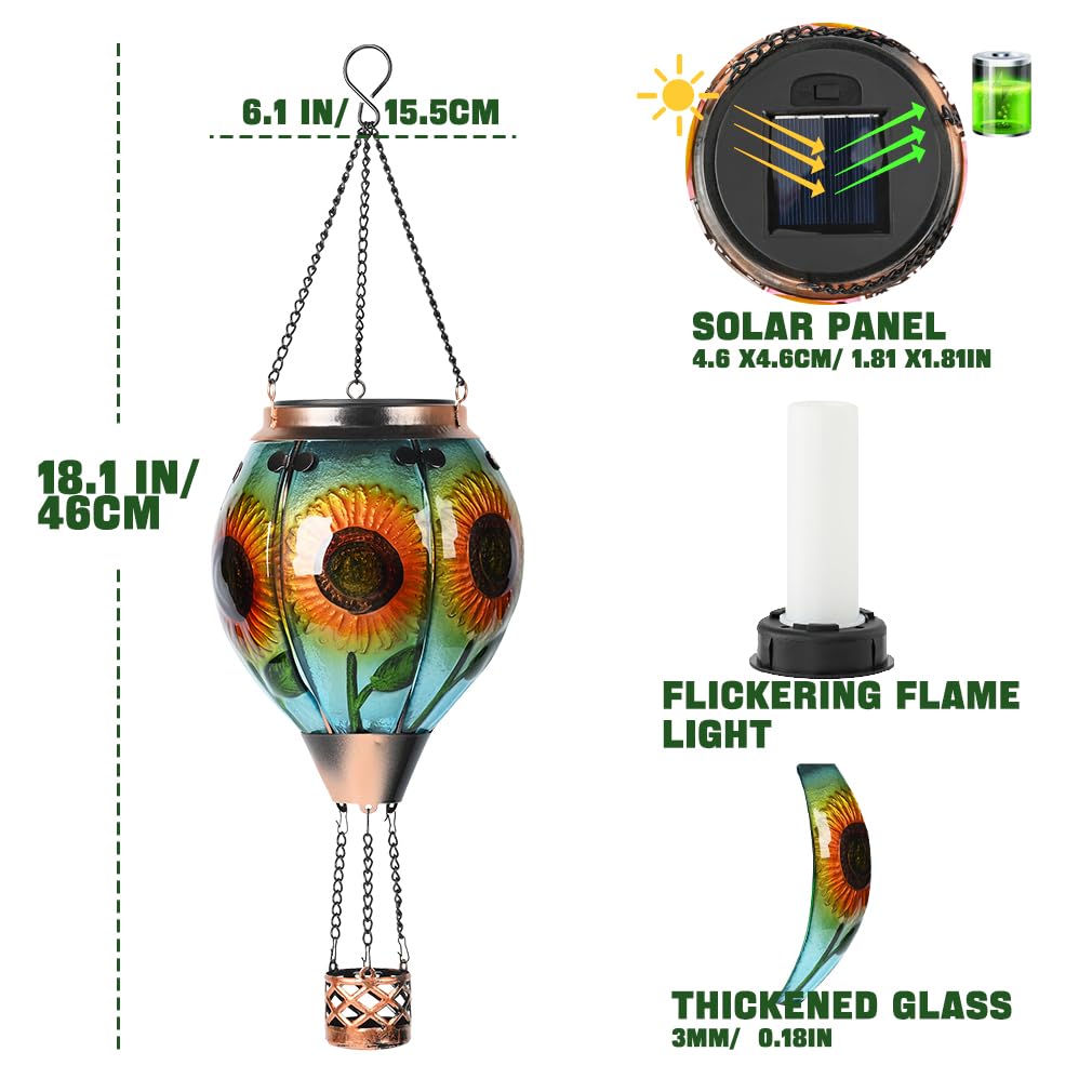 Hot Air Balloon Solar Lantern - Sunflower Glass Lantern  Simulated Flickering & Dancing Flame  Outdoor Hanging Yard Light Waterproof Ip65 For Patio Lawn Porch Decor Gift