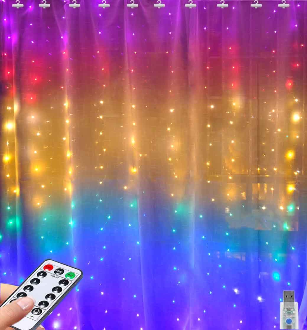 Greenke Rainbow Curtain Lights LED Curtain Lights Waterproof Window Fairy Lights String Remote Icicle Lights 8 Modes Twinkle Lig