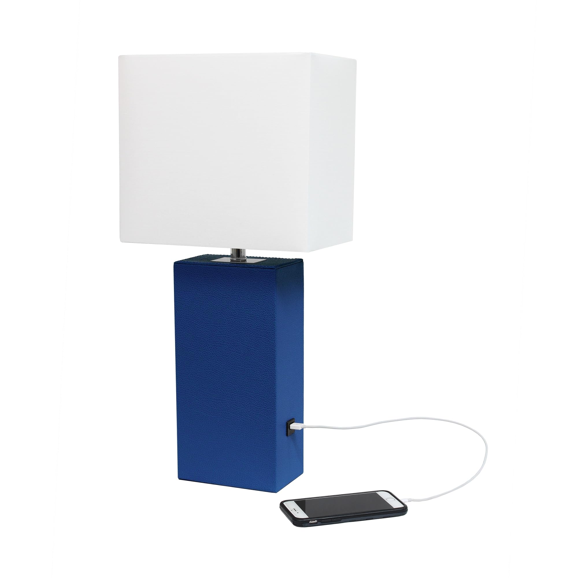 Elegant Designs Lt1053-Blu Modern Leather Usb And White Fabric Shade Table Lamp, Blue (Pack Of 1)