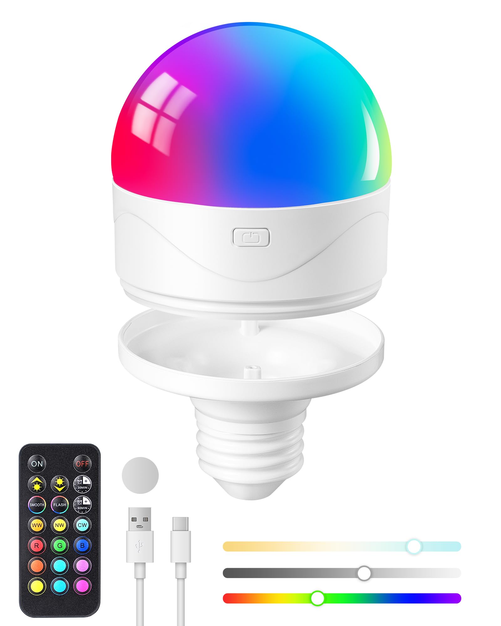 EDISHINE Rechargeable Light Bulb with Remote Control, Dimmable 350LM, 3000mAh Battery, White, Model TSZ3T65-D, 1 Pack