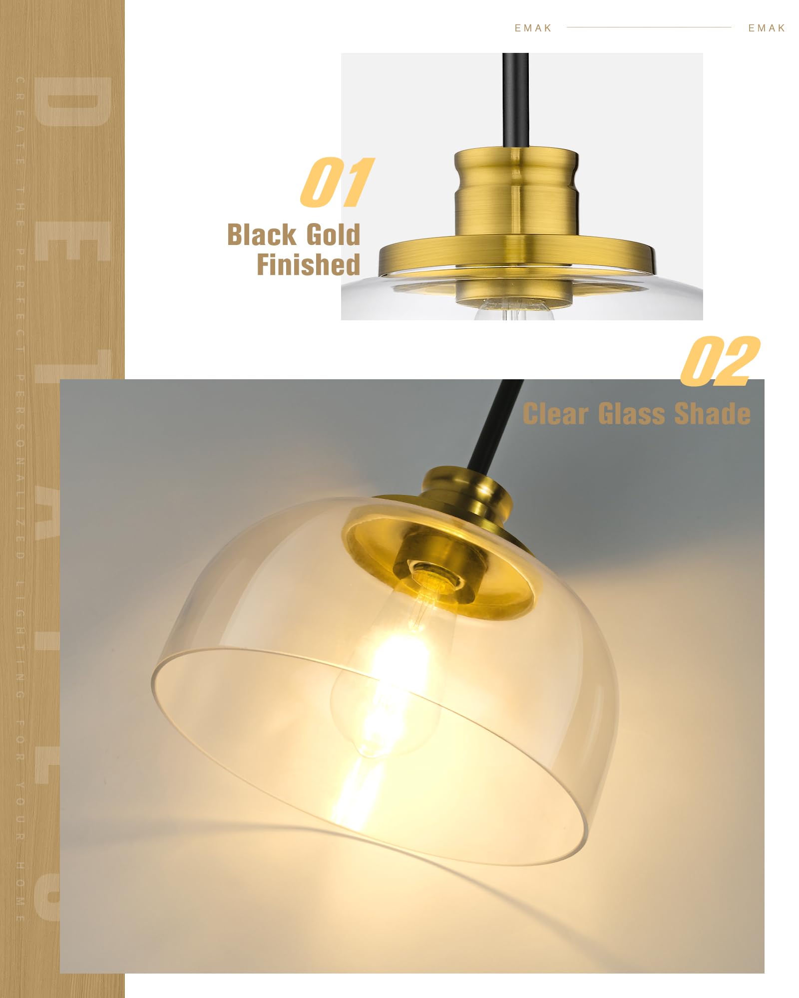 Emak 10" Black and Gold Pendant Light Fixture, Modern Clear Glass Shade, Model PL131-BKBGD-CG for Kitchen, Dining Room, Bathroom, Bar