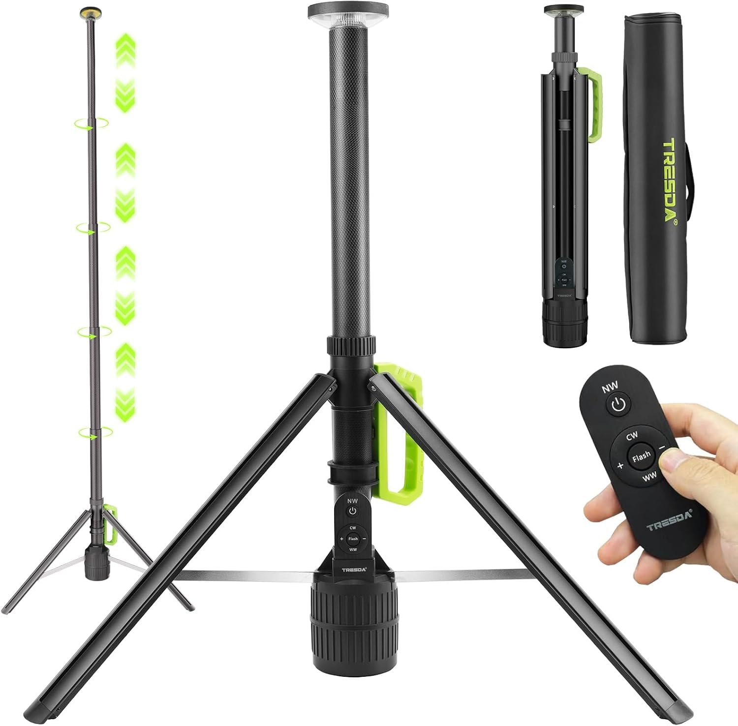 Tresda Rechargeable Telescopic Camping Light  8.4FT LED Work Light with Tripod Stand & Remote Control  3000LM Super Bright  3 Color Temps  Portable Tripod Lights for Outside  Sports  Emergency